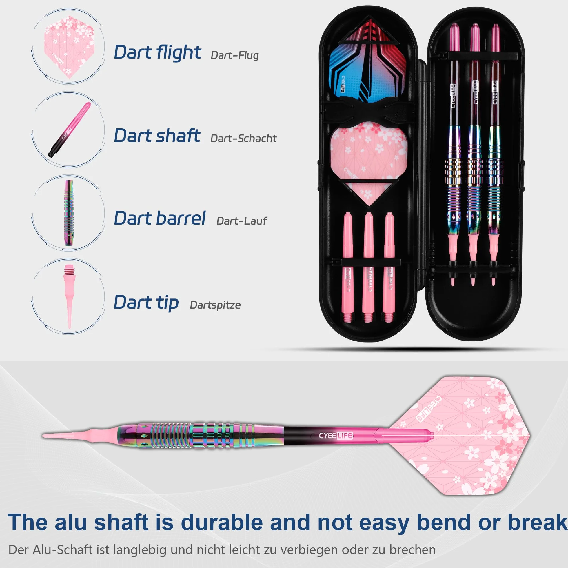 CyeeLife Fléchettes Professionnelles avec Pointe Plastique 3 Pièces pour Cible Électronique, Set Softdarts avec 6 Fléchettes + Étui