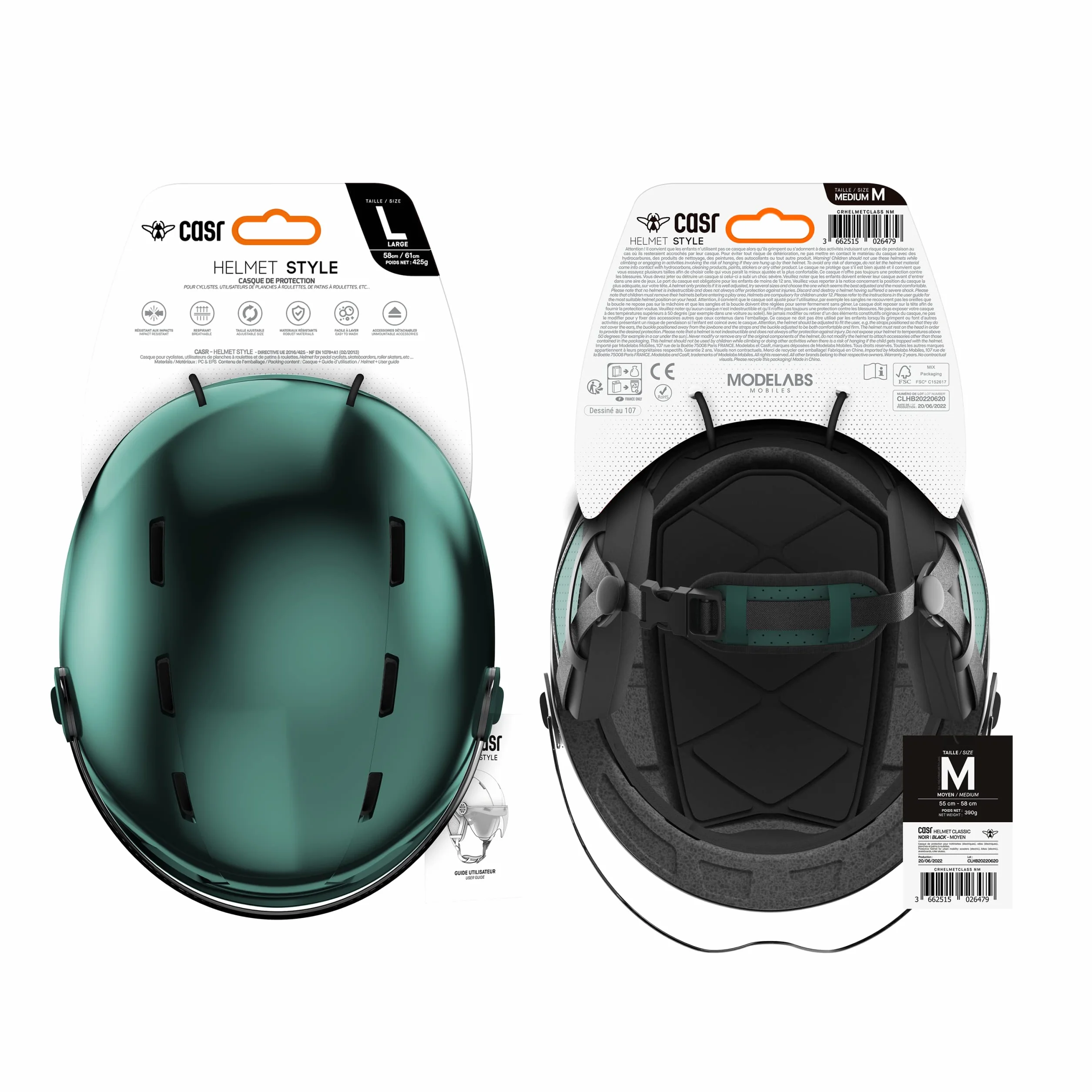 Casque Lifestyle Urbain Vélo Trottinette Electrique Visière Transparente Cache-Oreille Amovibles Vert Métallisé Taille M
