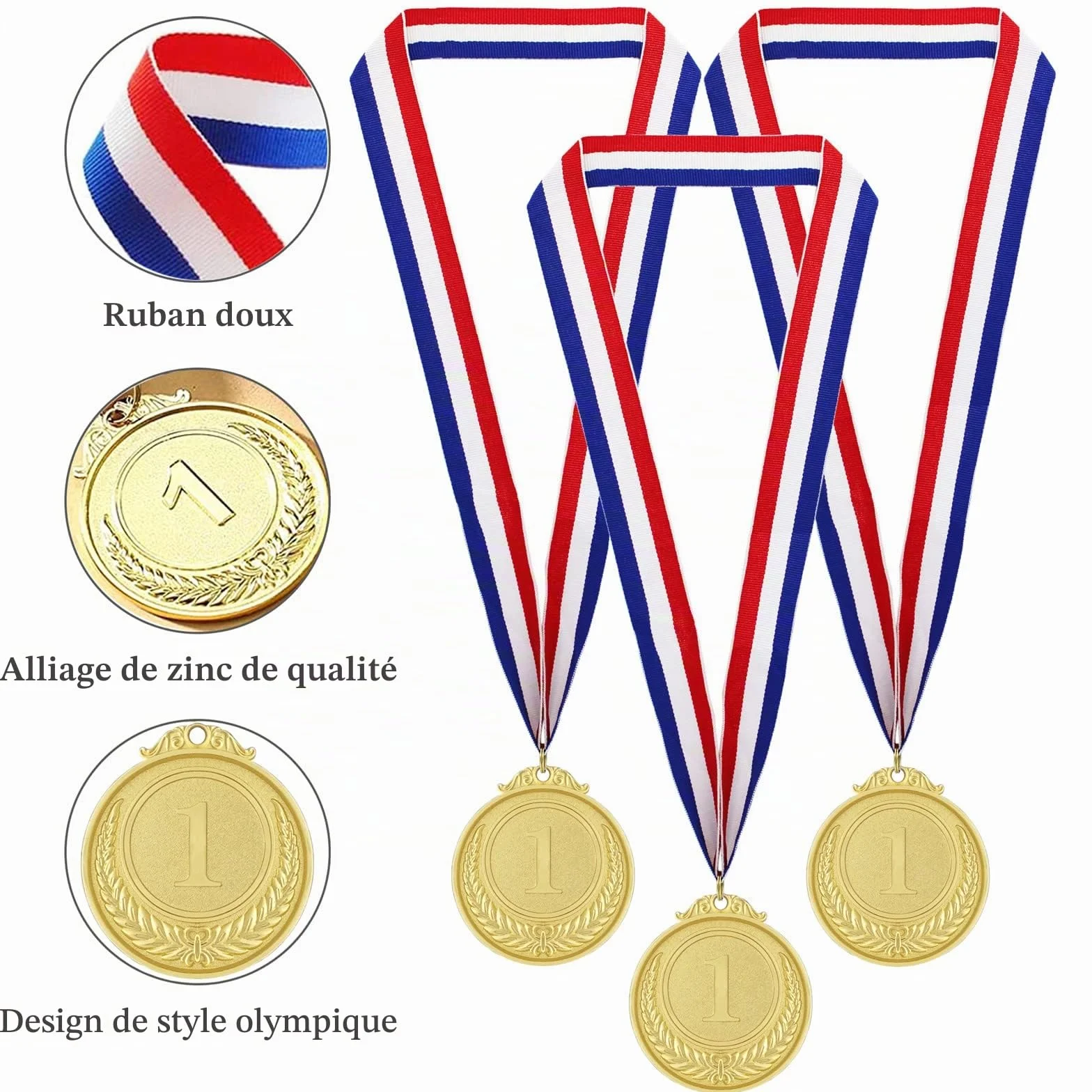 Médailles pour Enfants, 12 Pièces Médailles en Métal Doré Style Olympique avec Rubans, Prix Sportif, Jeux Compétition