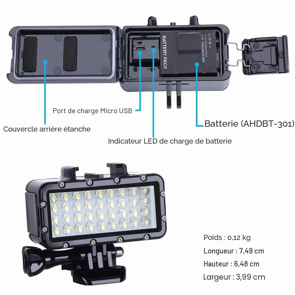 Suptig Phares de plongée sous-marins DEL étanches 45 mètres Compatible Gopro Hero 13/12/11/10/9/8/7/6/5/4/3/3+ Akaso Dji