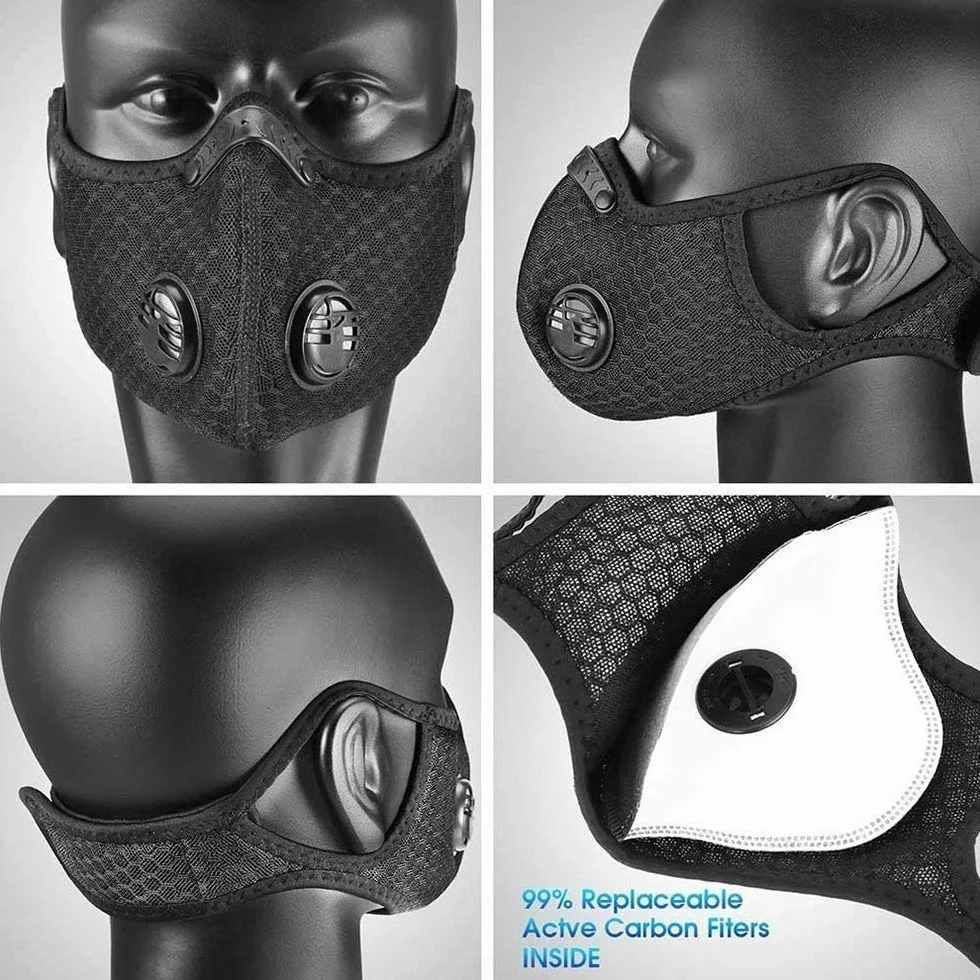 Masque de cyclisme réutilisable avec filtre à charbon actif, noir