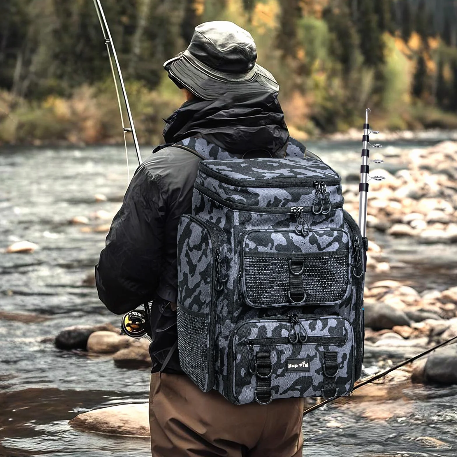 Hap Tim 42L Sac à Dos de Pêche avec 2 Barres, Sac de Pêche Multi-Poches, Séparateur Amovible