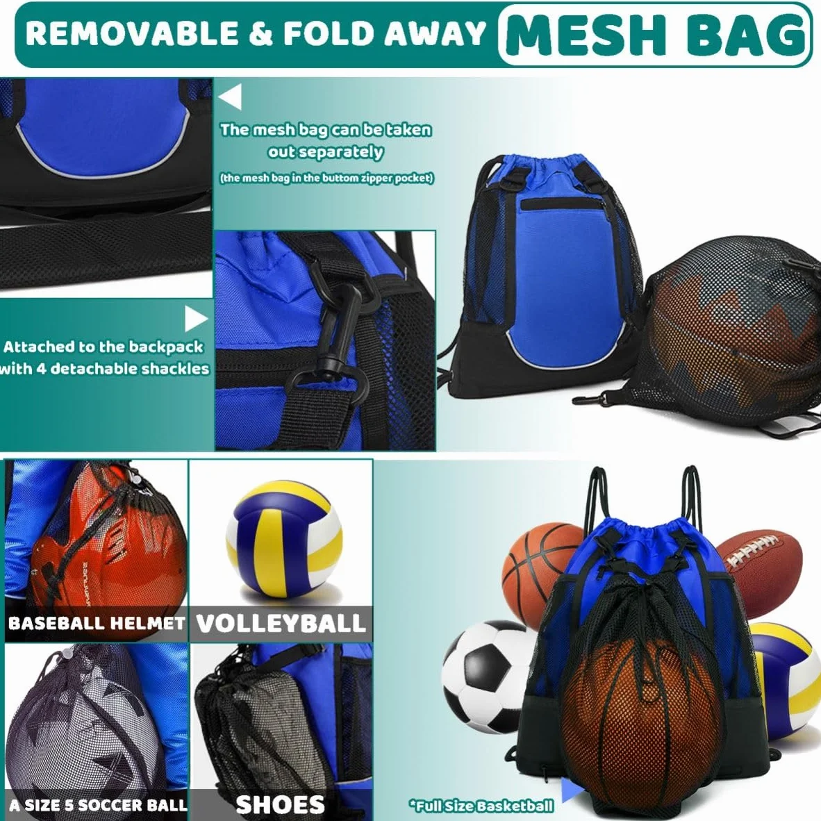 STAY GENT Sac à Dos de Football à Cordon pour Garçons, Sac de Sport avec Filet Détachable, Noir, 42 x 47 cm
