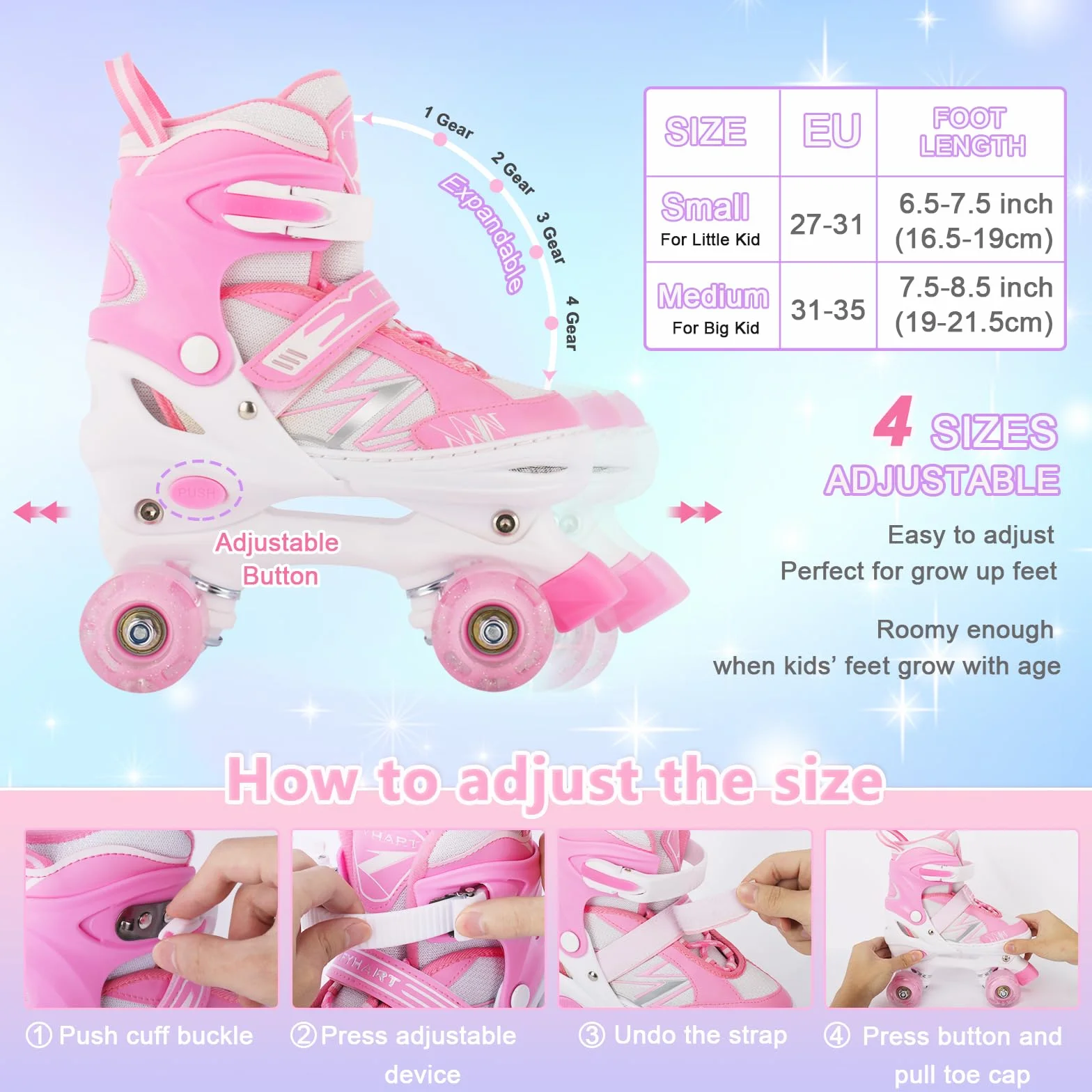 Patins à roulettes Enfants Filles Débutant 4 Tailles réglables Roues Lumineuses