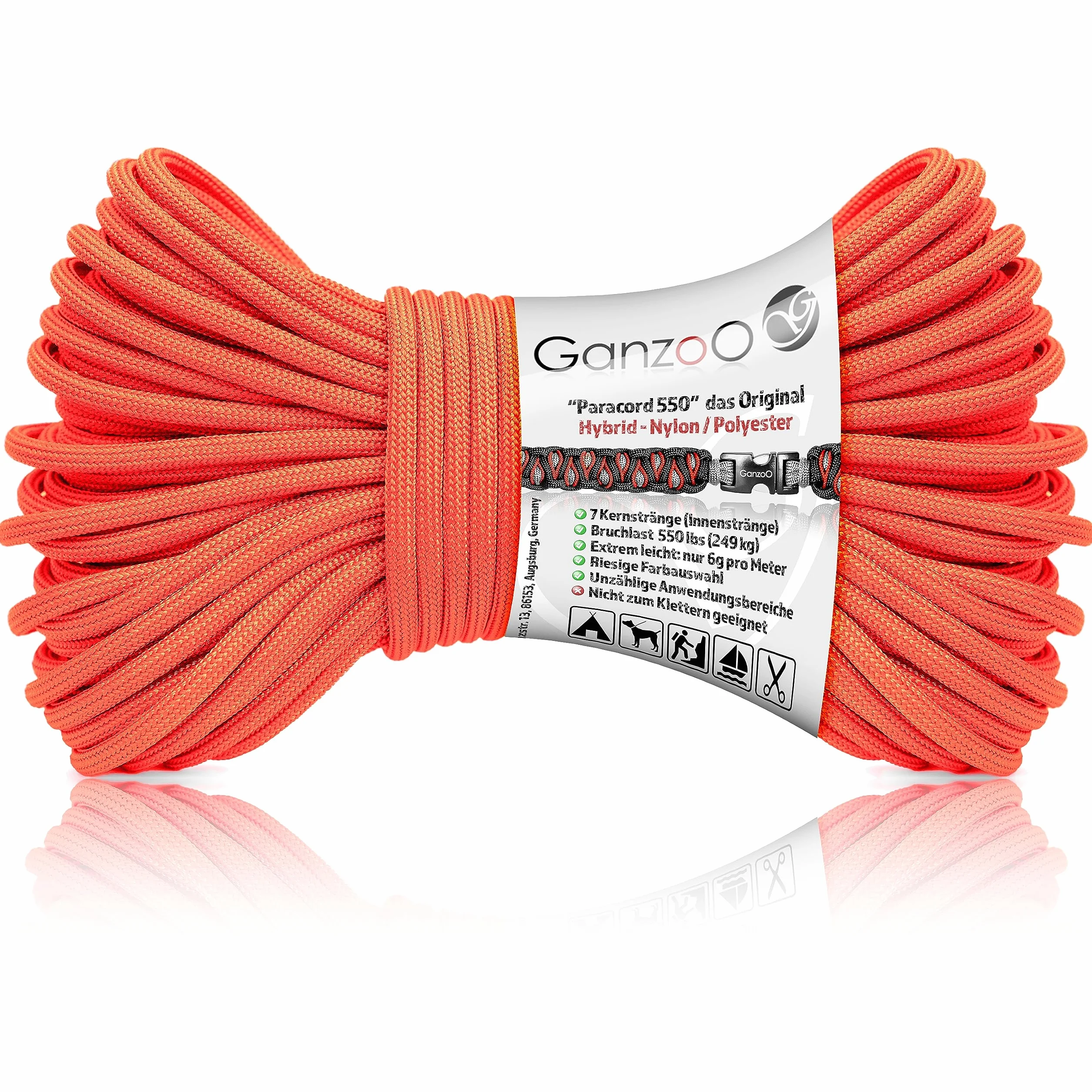 Ganzoo Paracorde 550 Hybrid Nylon Polyester Type 3 7 Brins 4 mm 30 m Orange Fluo Cordelette Camping
