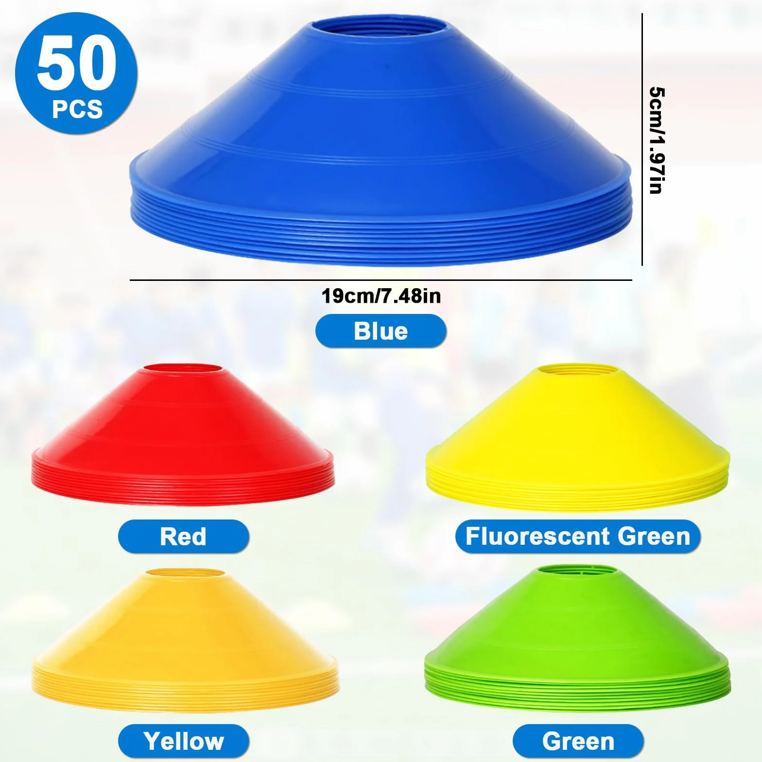 Cônes d'Entraînement Football 50 Pièces - Plots de Marquage Sportif avec Support et Filet de Rangement, 5 Couleurs