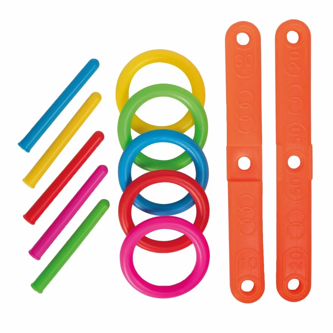 P'TIT CLOWN Jeu de Lancer d’Anneaux Enfant - Jeu d’Extérieur d’Adresse et de Précision - 5 Anneaux, 5 Piquets, Support à Assembler - Plastique