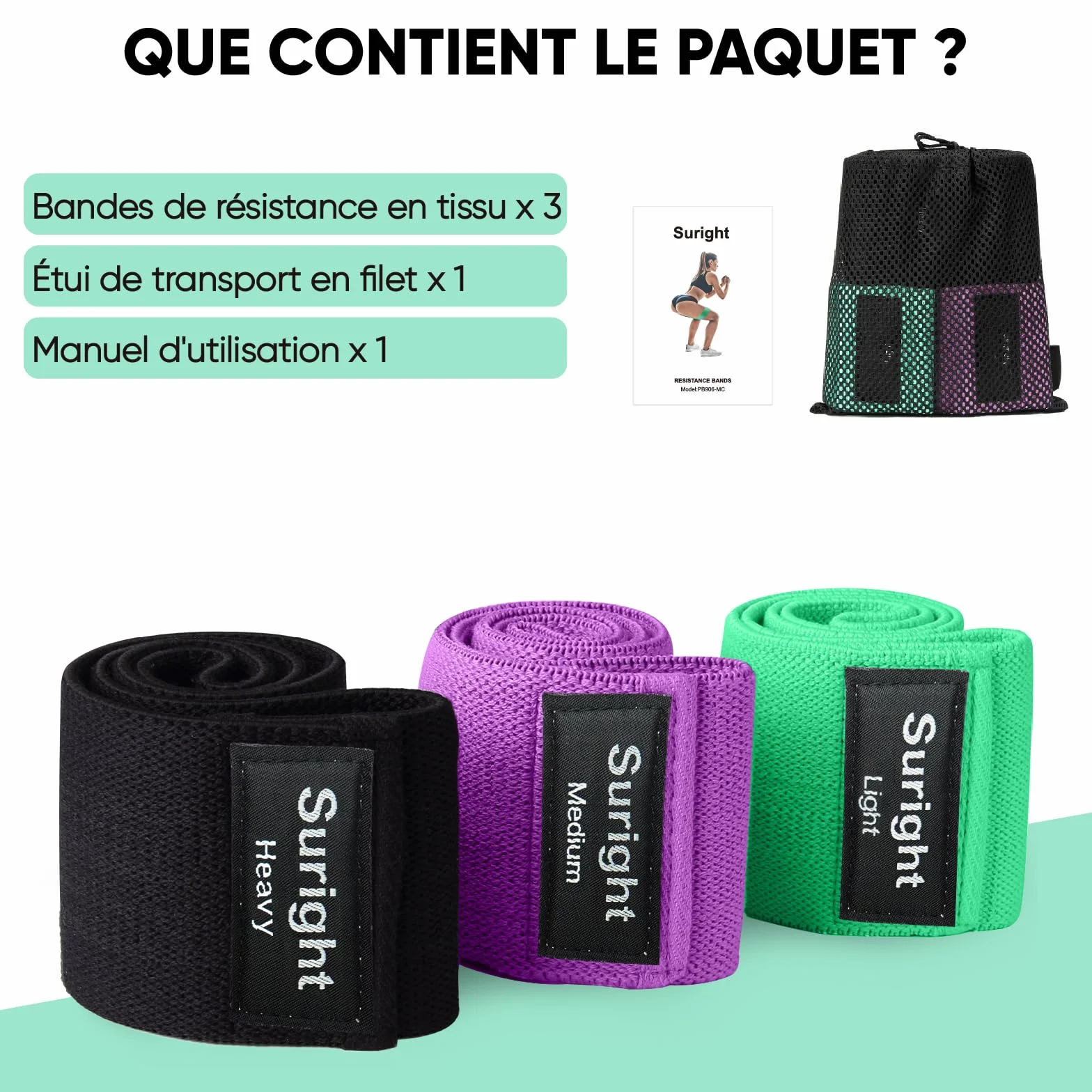 Suright Bande Élastique Musculation en Tissu, 3 Niveaux de Force, Élastique Sport Yoga Pilates Fitness