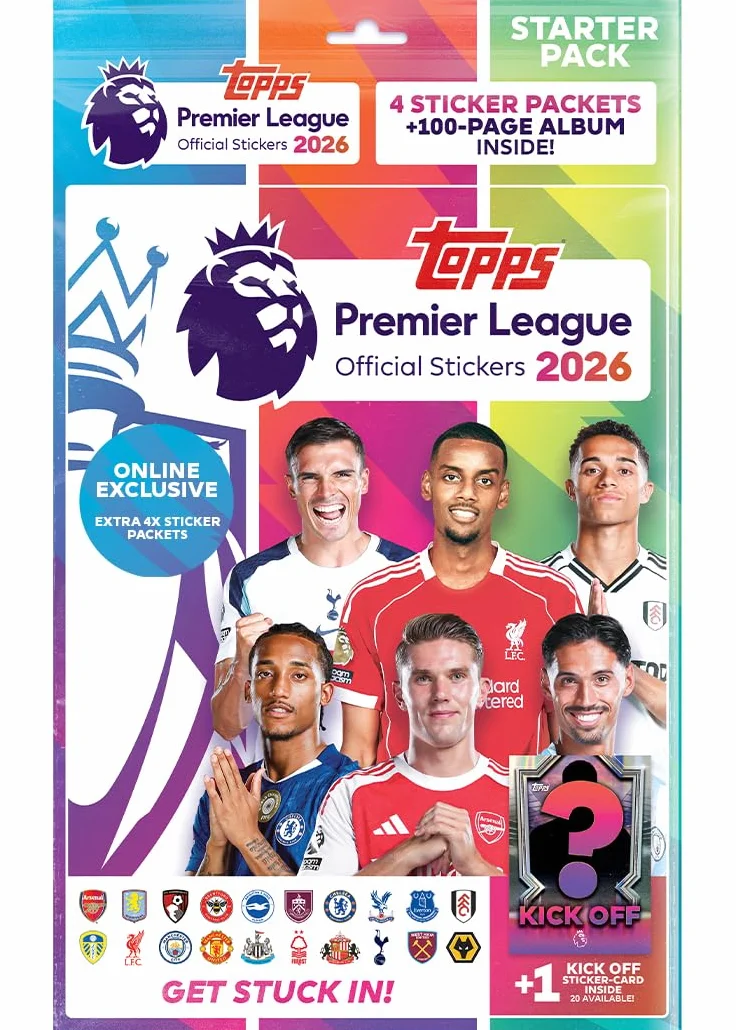 Topps Premier League 2026 Starter Pack - Album 96 pages, 8 paquets autocollants, carte Kick-Off, pack héros garanti