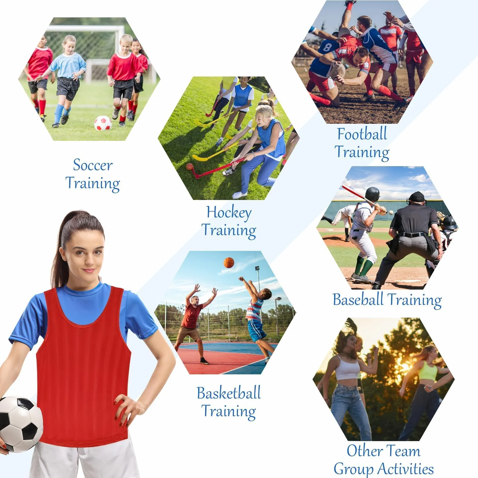 Lot de 24 Gilets d'Entraînement en Maille Respirante Rouge & Bleu pour Football Basketball Rugby