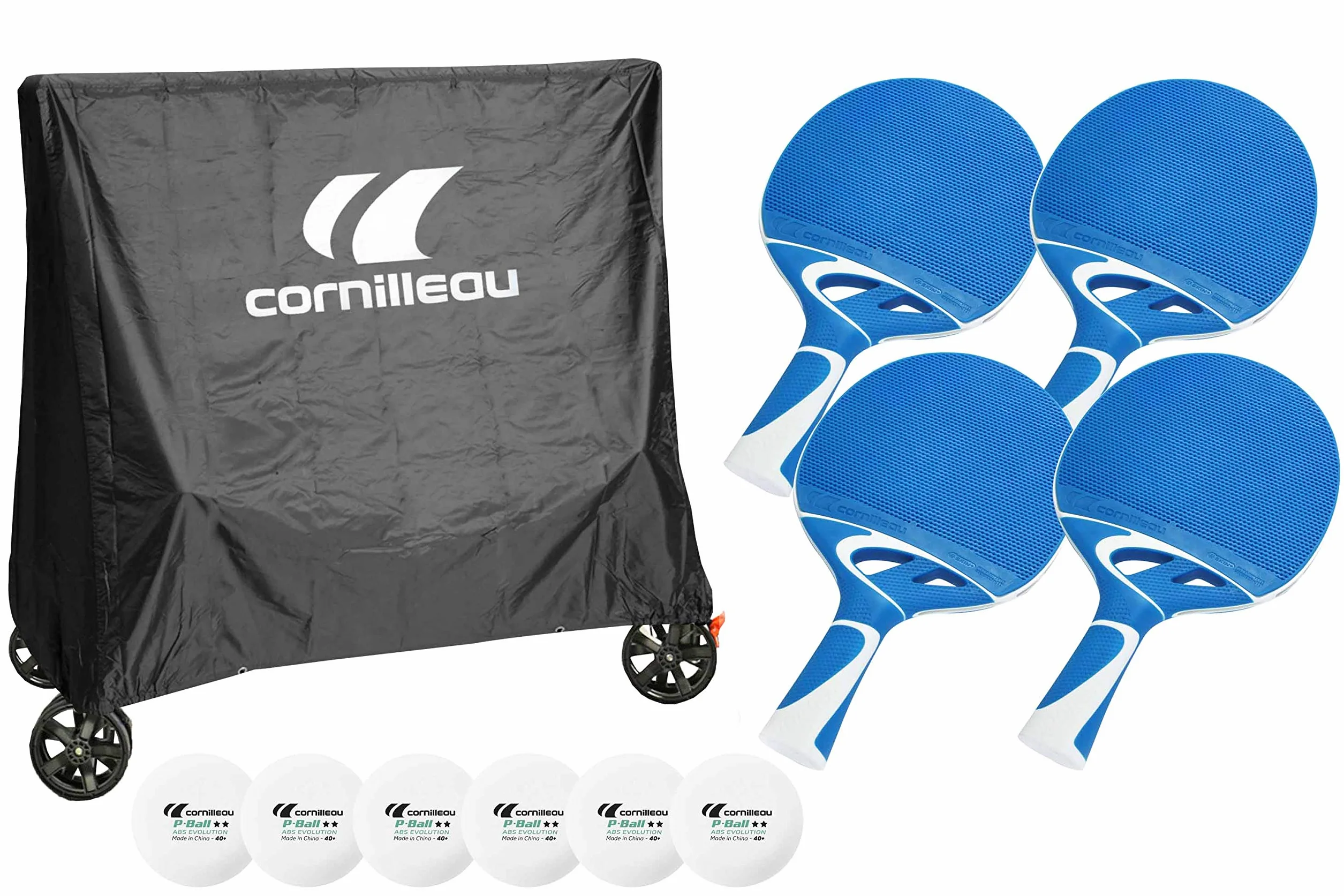CORNILLEAU Pack de 4 Raquettes d'extérieur avec Housse et 6 Balles de Ping-Pong