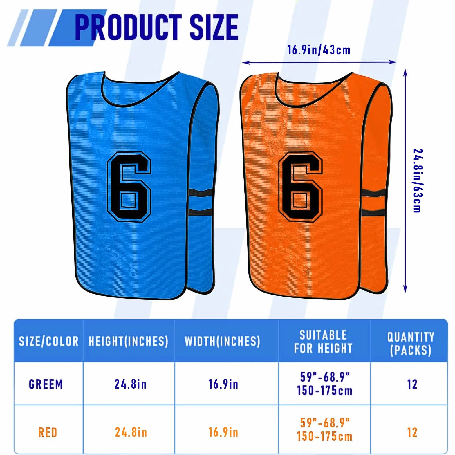 Dossards réversibles numérotés football basket-ball 47x70 cm bleu orange lot 24