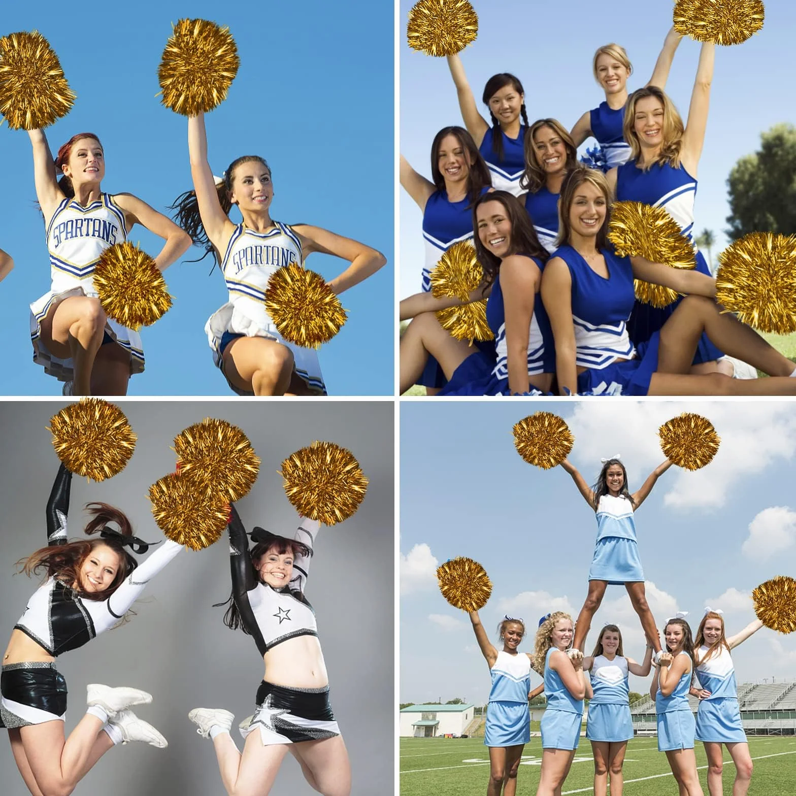Lot de 12 Pompons Cheerleader Gold pour Carnaval Fête