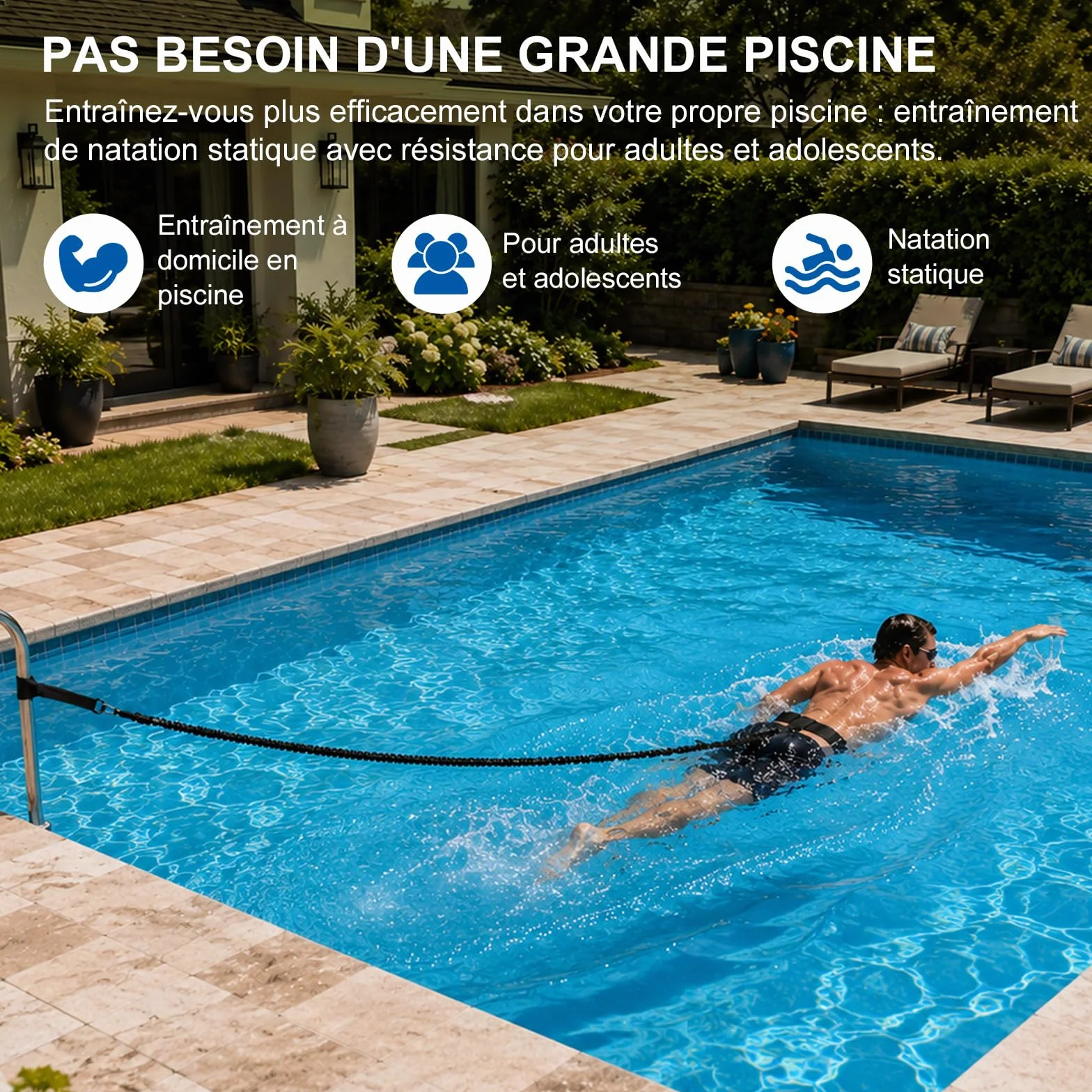 Laisse d'entraînement de piscine solide réglable de 2,5 à 7,5 m