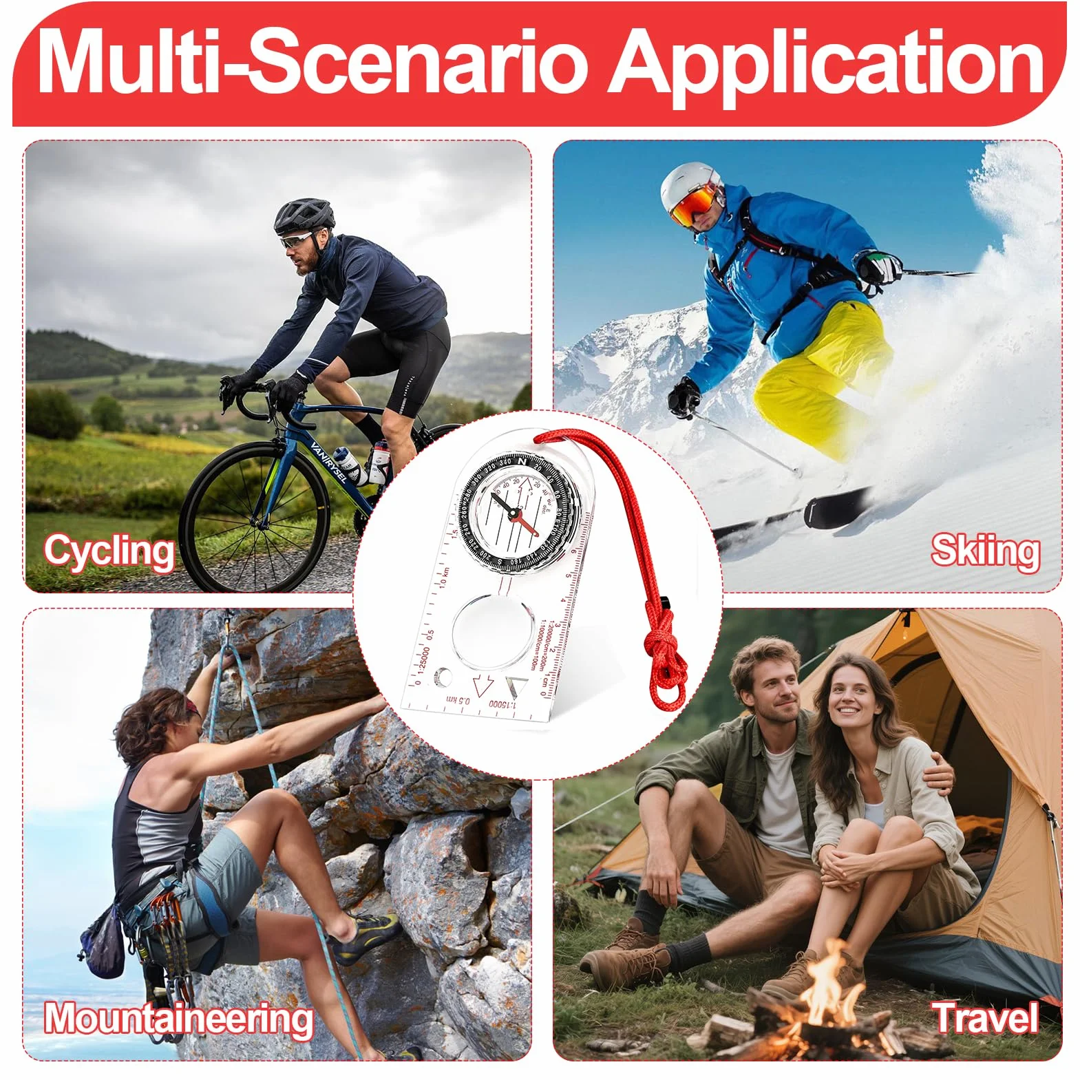 Boussole de Navigation avec Déclinaison Réglable, Corde Rouge Transparente pour Randonnée Camping Sport Plein Air