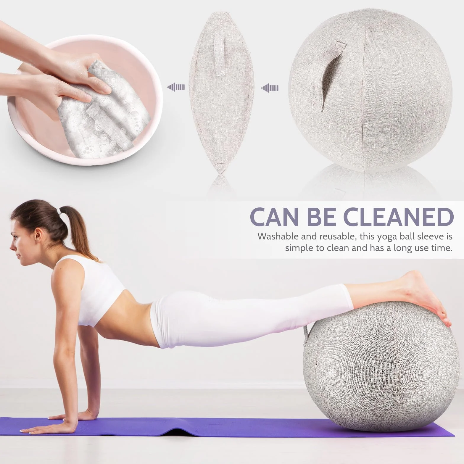 Housse en coton et lin pour ballon de gymnastique 55 cm antidérapante lavable fitness yoga beige