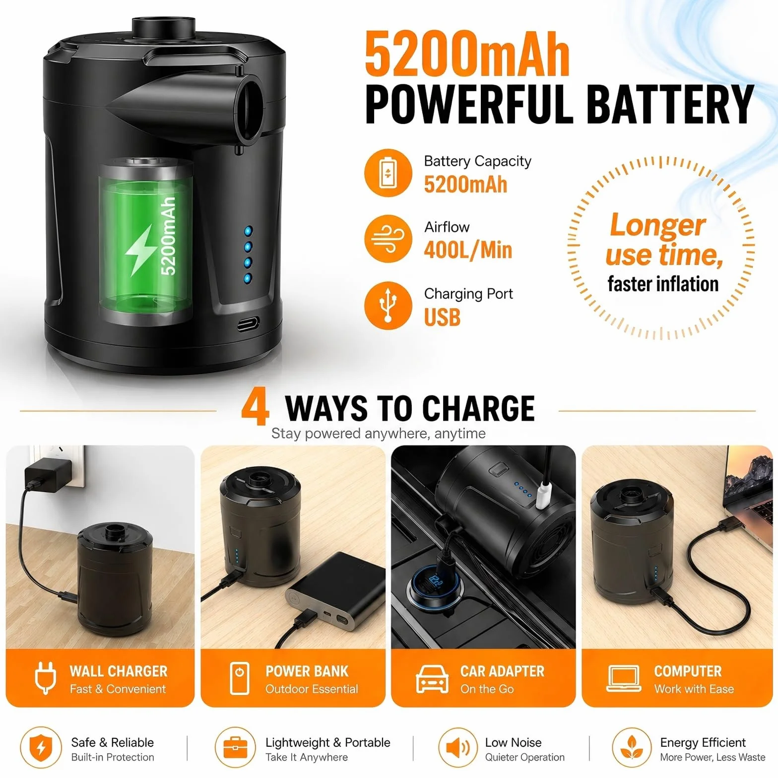 Pompe à air électrique 5200 mAh Gonfleur matelas gonflable 3 buses air rapide bateau pneumatique