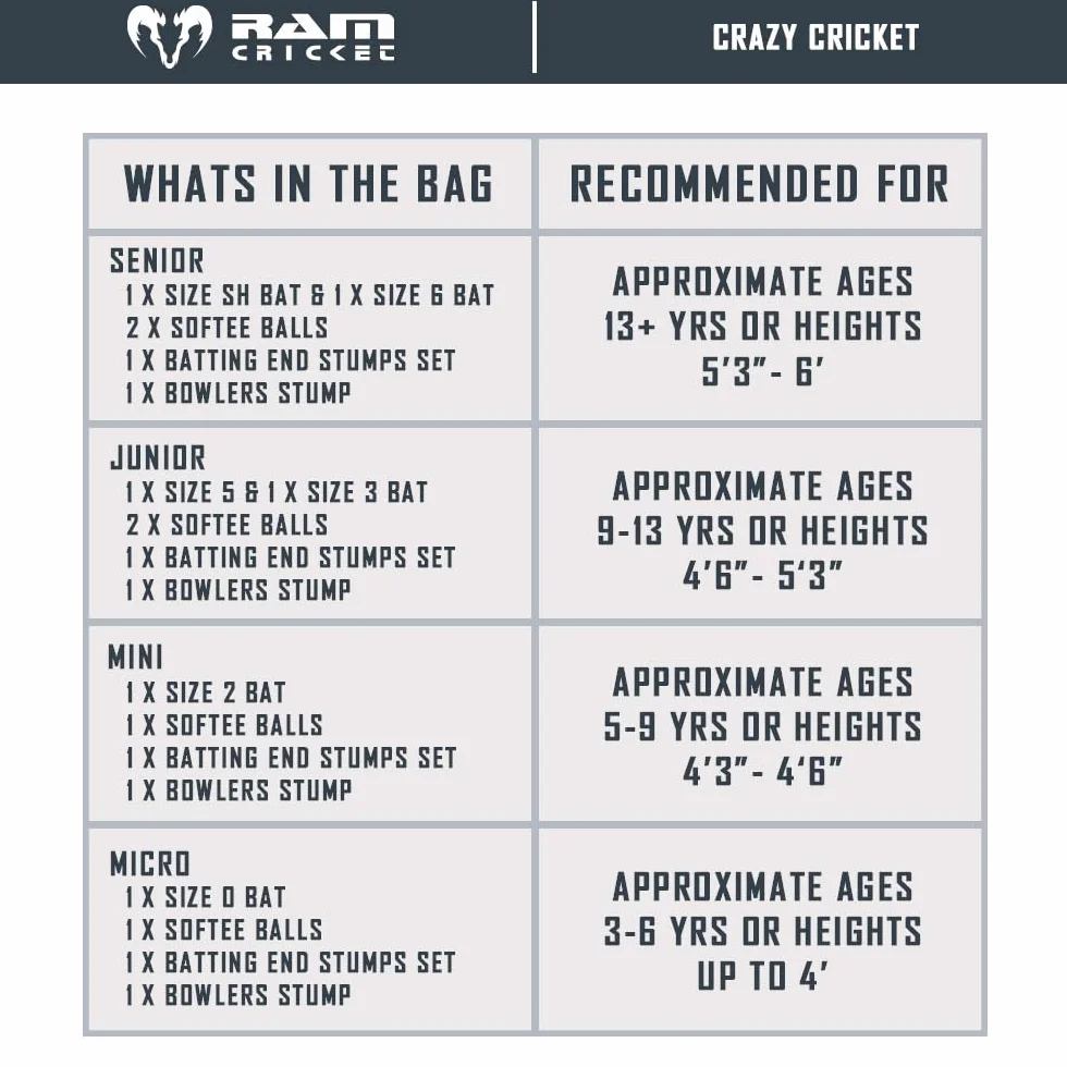 Ram Cricket Crazy Cricket Sets Senior Junior pour enfants de + 9 ans Ensemble de cricket Kwik haute performance durable entraînement matchs jardin plage