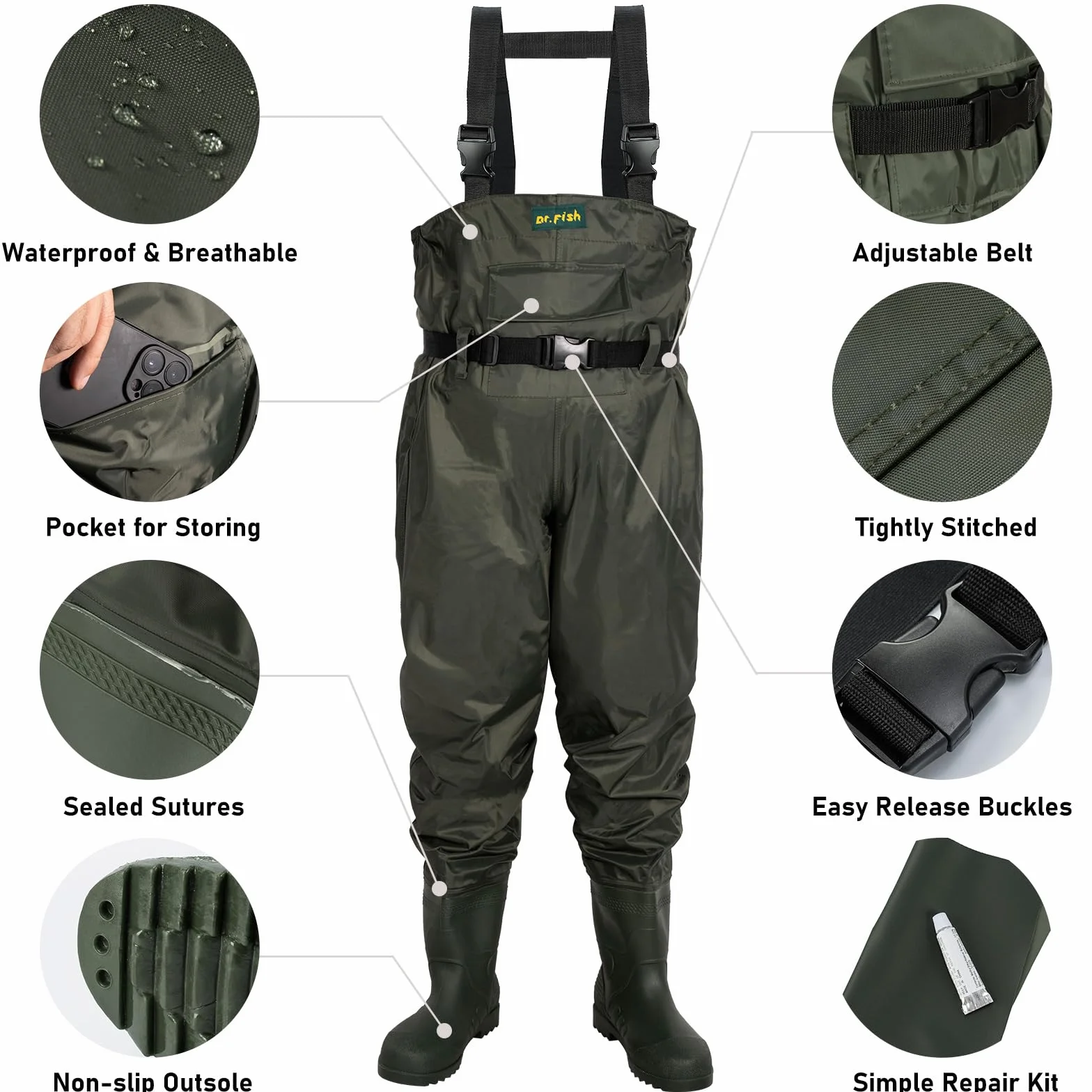 Dr.Fish Cuissarde Imperméable pour Hommes Femmes Pêche Chasse avec Poche Respirant