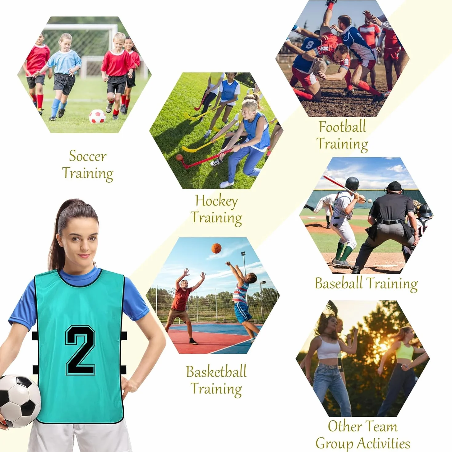 Lot de 24 gilets d'entraînement de football pour jeunes adultes, Jaune, Vert, 47x70cm