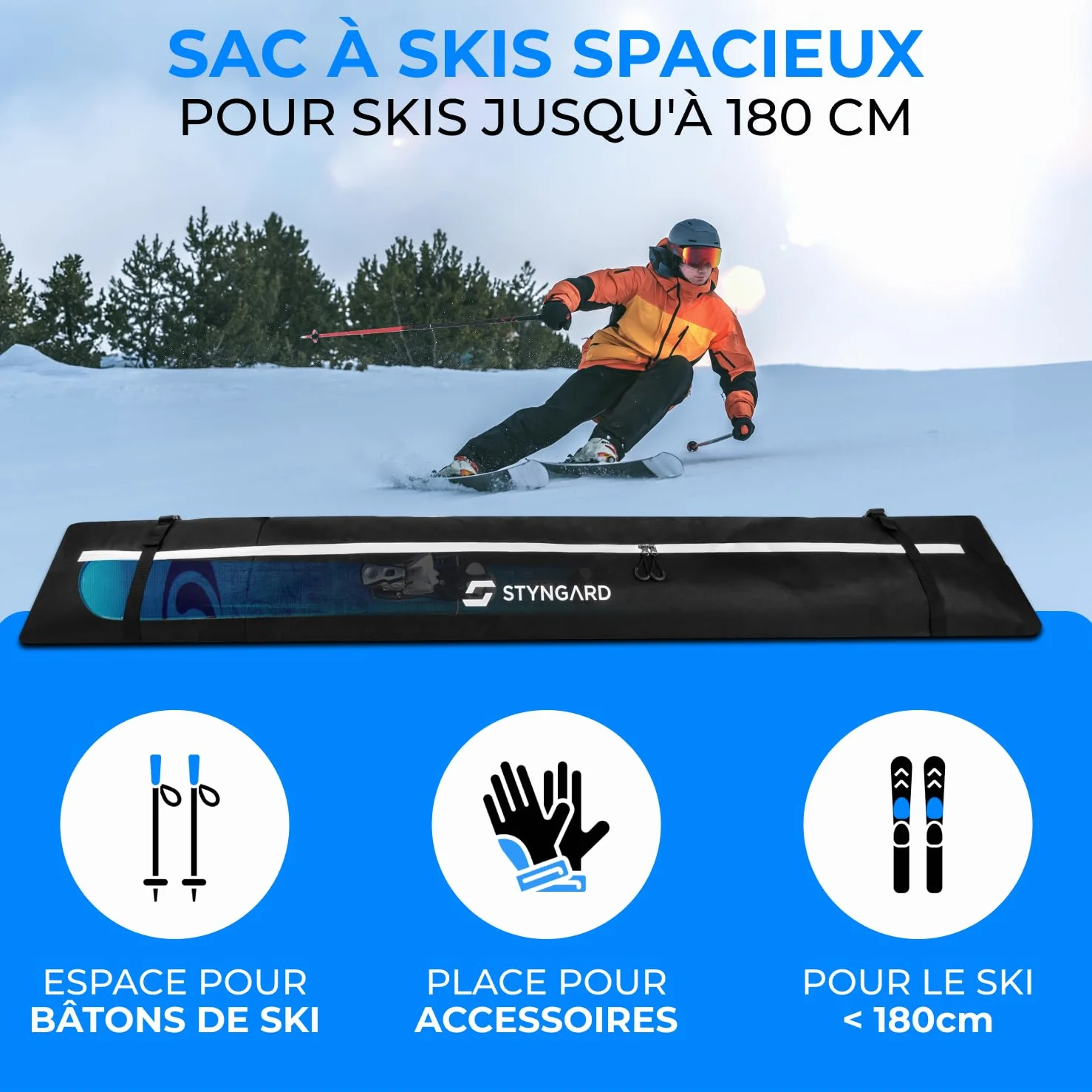 STYNGARD Housse à Skis 180 cm Sac à Skis Robuste Fermetures éclair Modèle Aspen