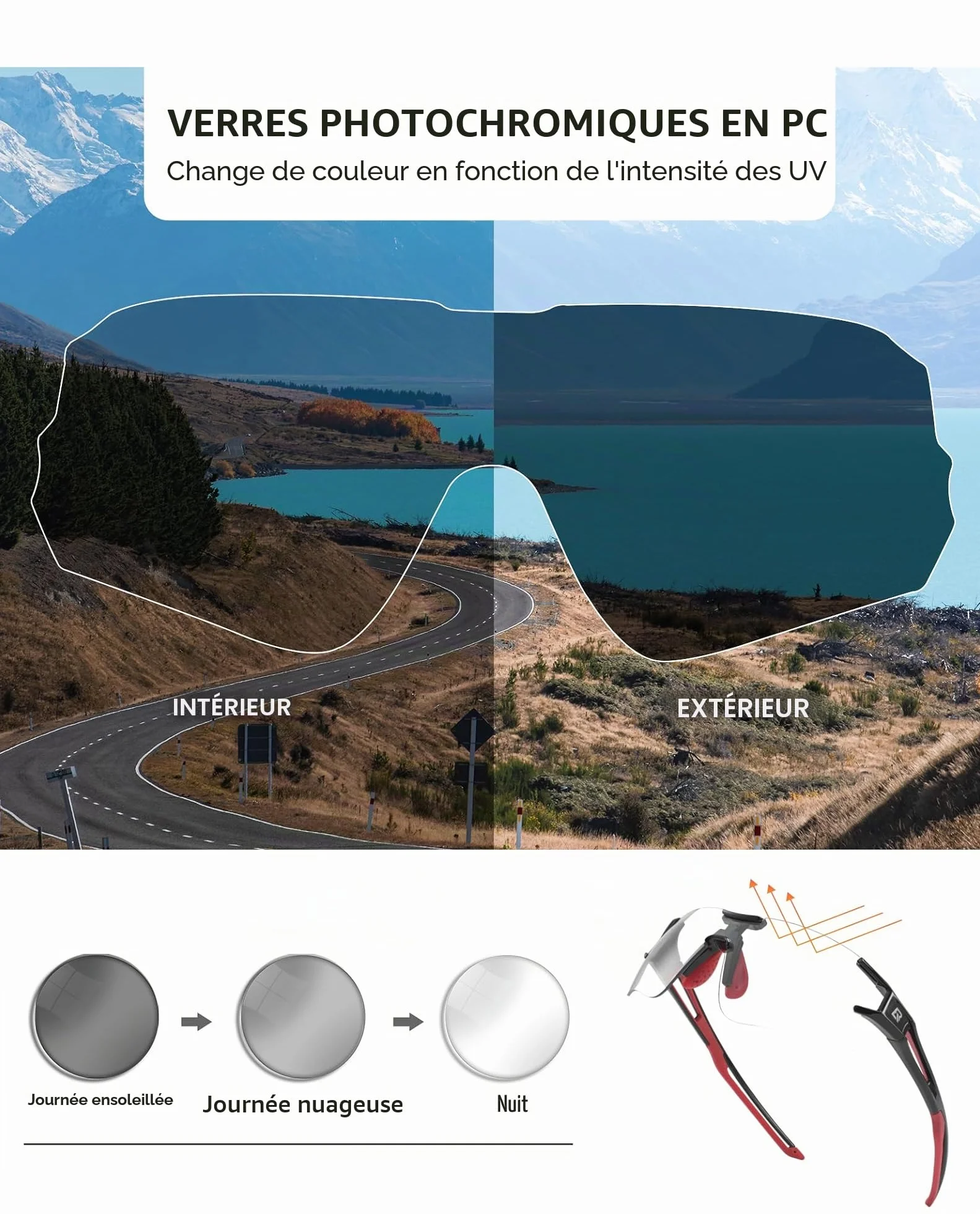 ROCKBROS Lunettes de Soleil Photochromiques Hommes Vélo Cyclisme Demi-Monture Polarisées Sport