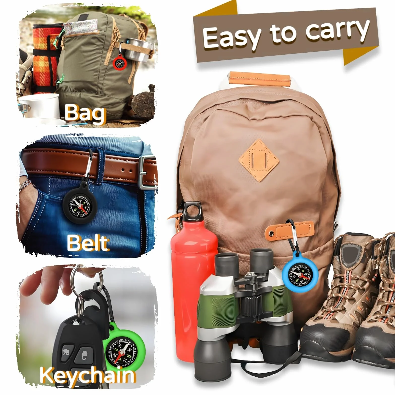 Mousqueton Multifonction avec Boussole, Mini Kompass Kinder, Boussole Enfant Portable pour Randonnée Camping