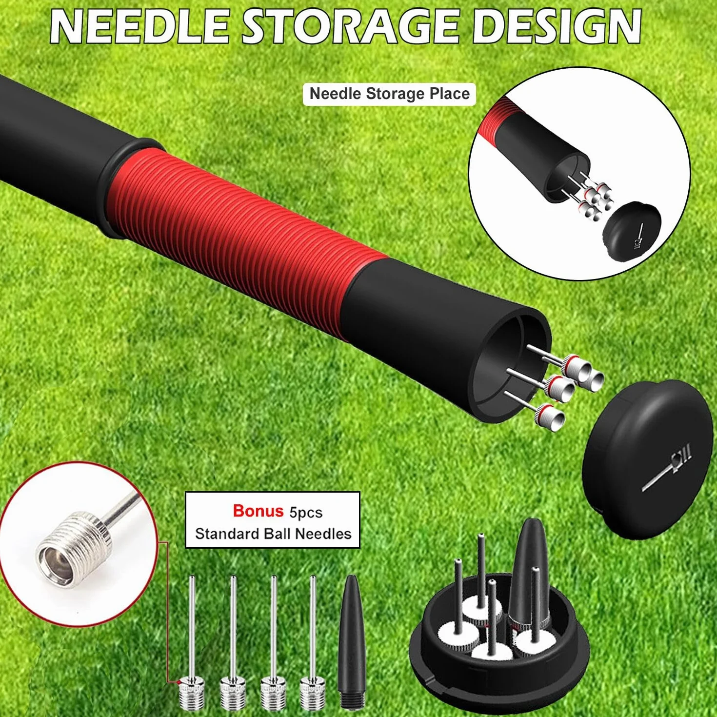 Pompe à Ballon avec Stockage d'aiguilles, 5 Aiguilles et câble Extensible, Pompe à air Manuelle pour Football, Basket-Ball, Volley-Ball