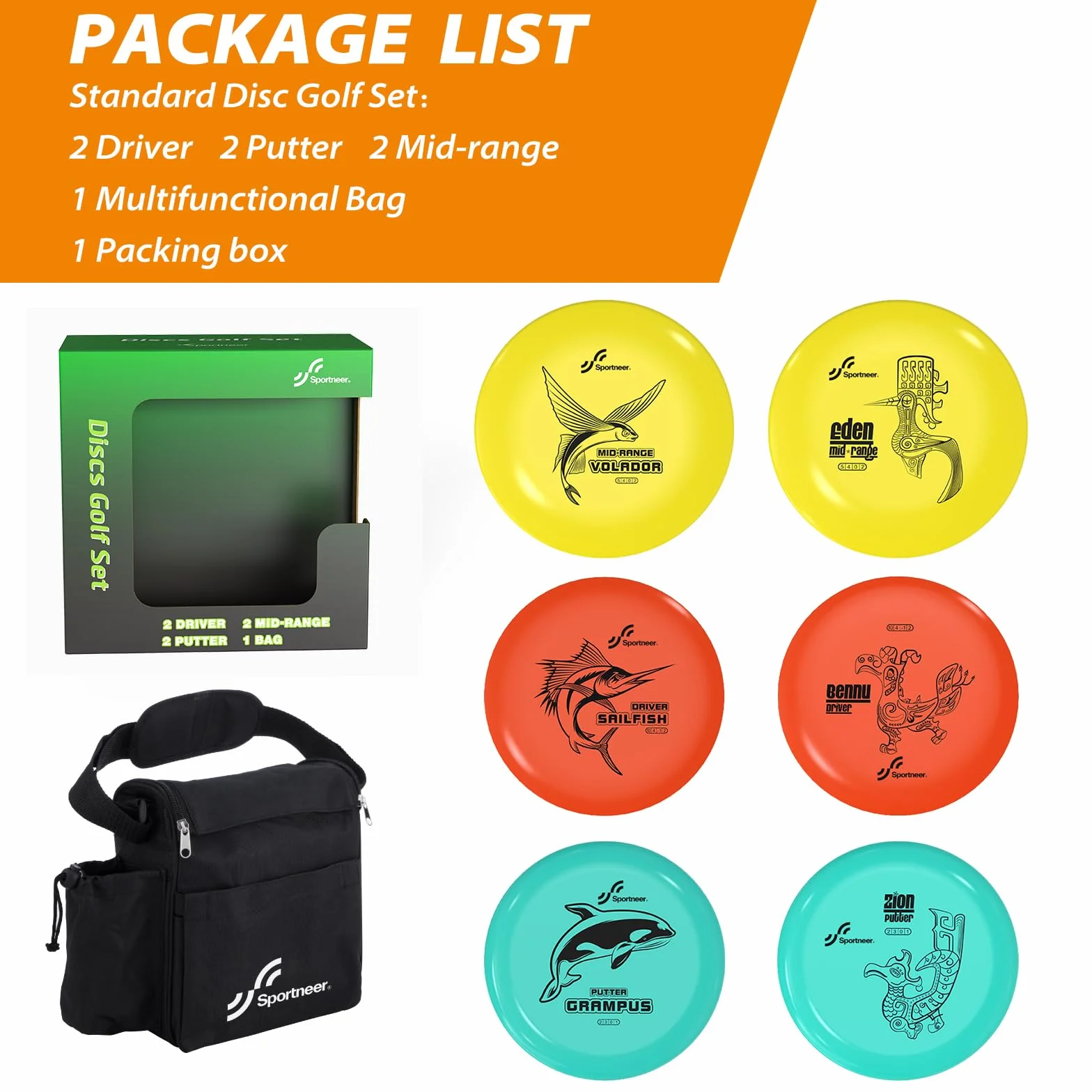 Sportneer Disc Golf Kit de Démarrage avec 6 Disques et Sac de Rangement
