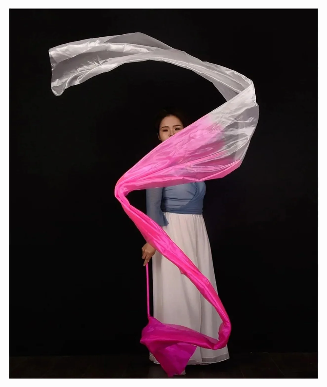 Banderole de Danse en Polyester à Fleurs, Rubans de Gymnastique Rythmique, Bleu Blanc