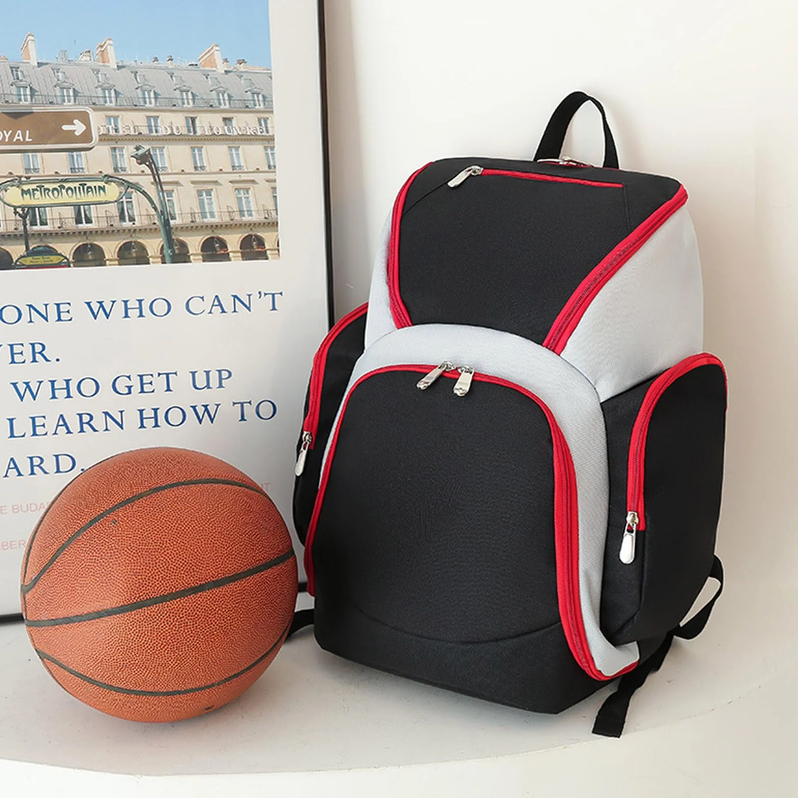FANDARE Sac à Dos de Basket-Ball Grand Sac de Foot Sacs à Dos Cartables Noir Rouge