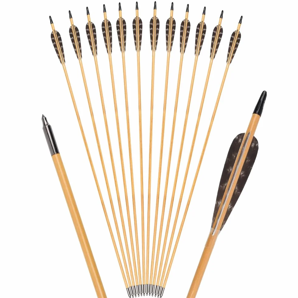 Flèches en bois 81 cm 12 pièces plumes naturelles 10 cm pour tir à larc chasse arc traditionnel recurve long