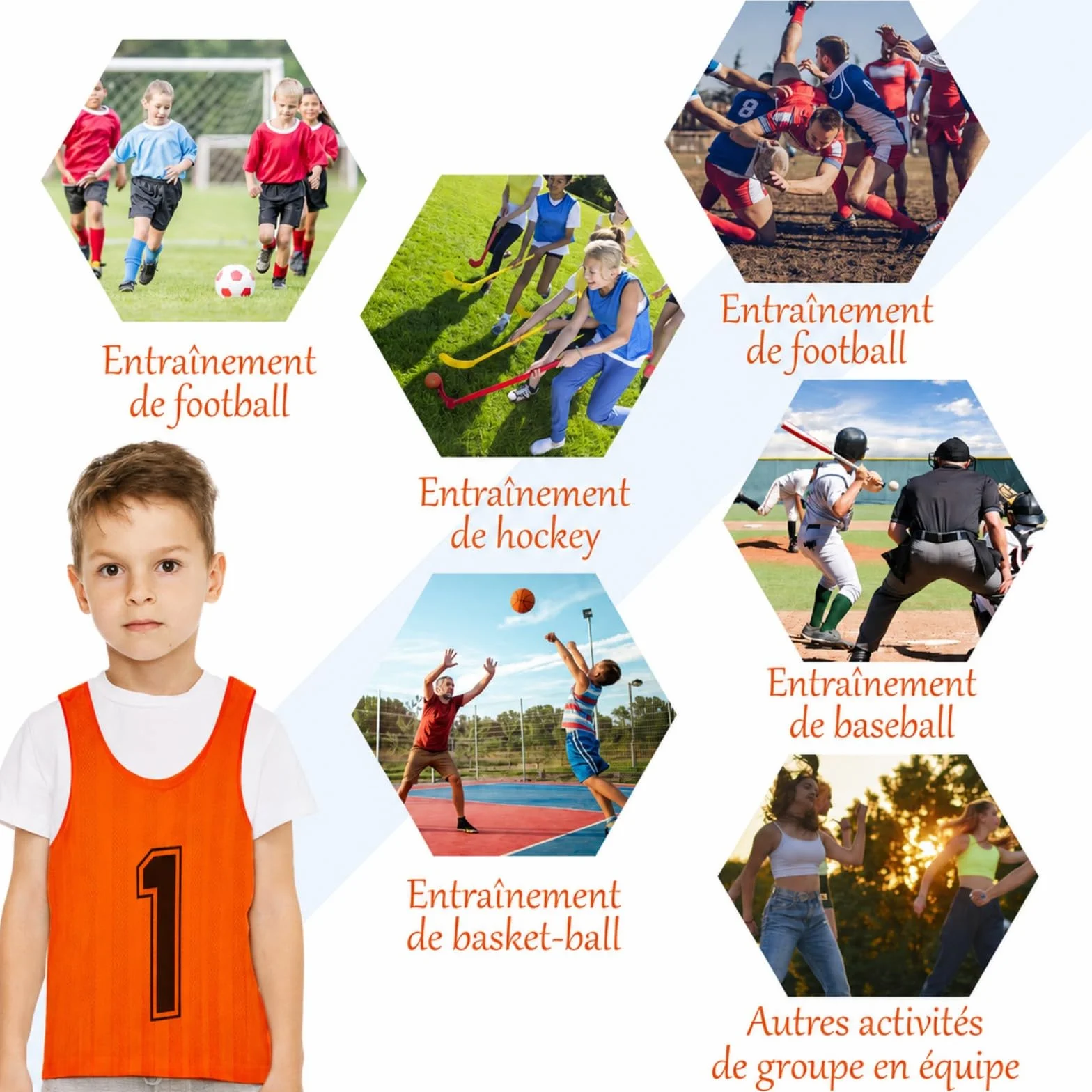 Lot de 24 Chasubles Enfant Numérotées – Gilets d'Entraînement en Maille pour Équipe Sportive, Orange & Vert