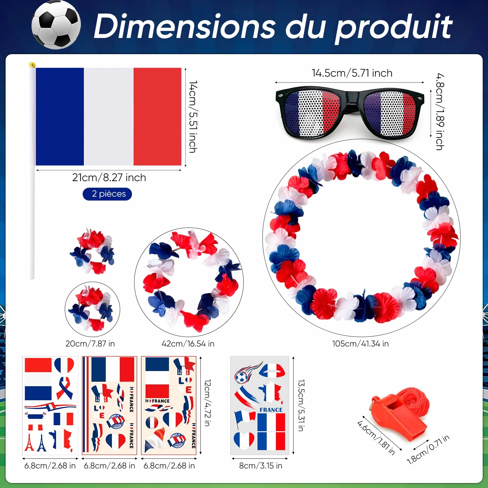 Kit Supporter France 2026 - Accessoires Bleu Blanc Rouge avec Lunettes Drapeau, Sifflet, Drapeaux, Stickers et Lei