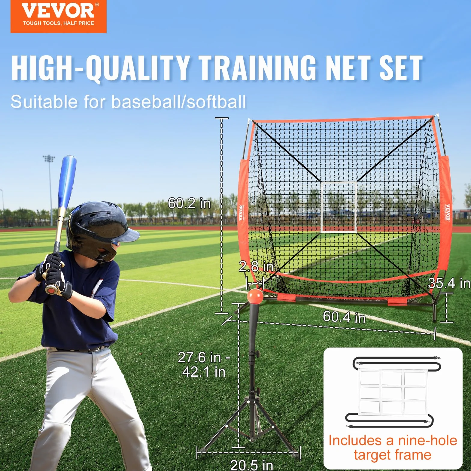 VEVOR Filet d'entraînement Baseball 153.4 x 90 x 153 cm, Filet Pratique du Lancer Baseball & Softball en Polyester, avec Sac de Transport 600D, Rouge
