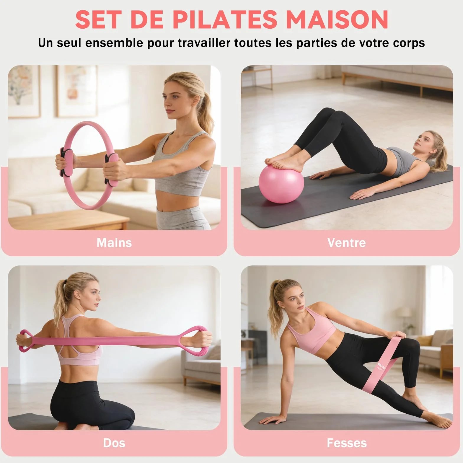 Kit Pilates Maison 13 Pièces Accessoires Fitness Femmes Anneau Balle Sangle Yoga Affiche Entraînement Sac Portable Rose