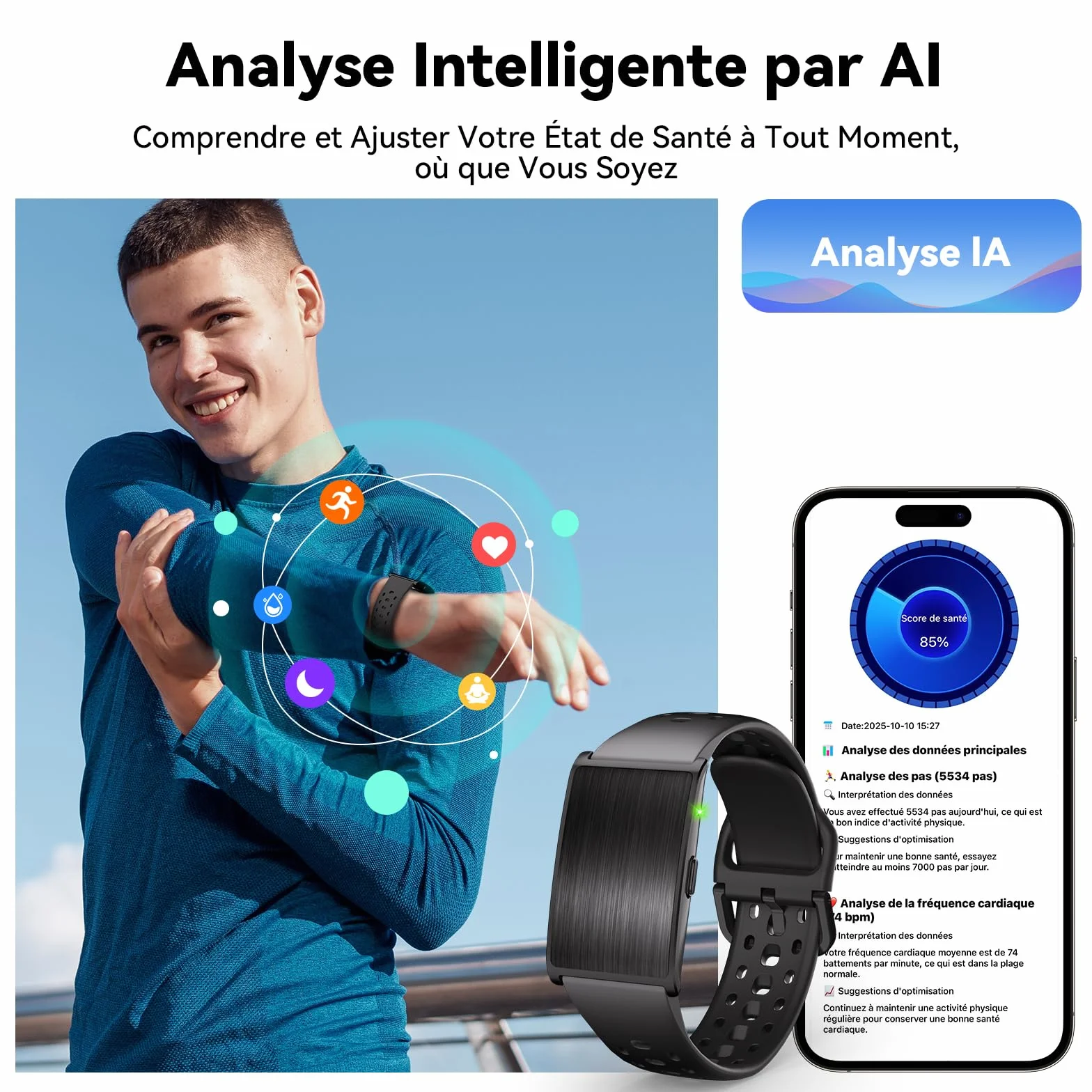 Bracelet Connecté Fitness Tracker 24/7 Suivi Activité Sommeil Fréquence Cardiaque Analyse IA 60 Jours Autonomie 170+ Sports sans Abonnement
