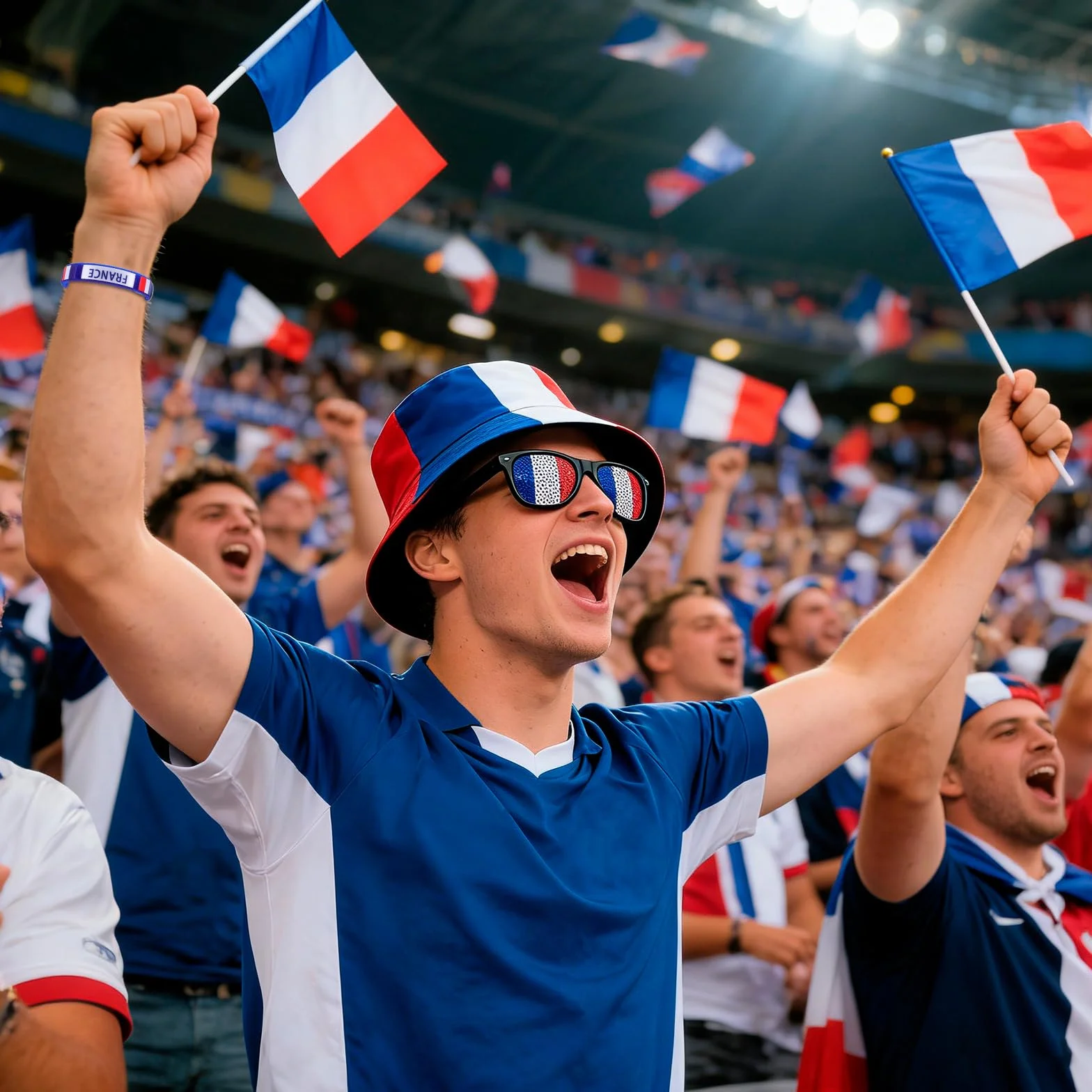 Kit Supporter France Football 6 Pièces Chapeau Pêcheur Polyester Lunettes Drapeau Pavillons Main Bracelet Tricolore