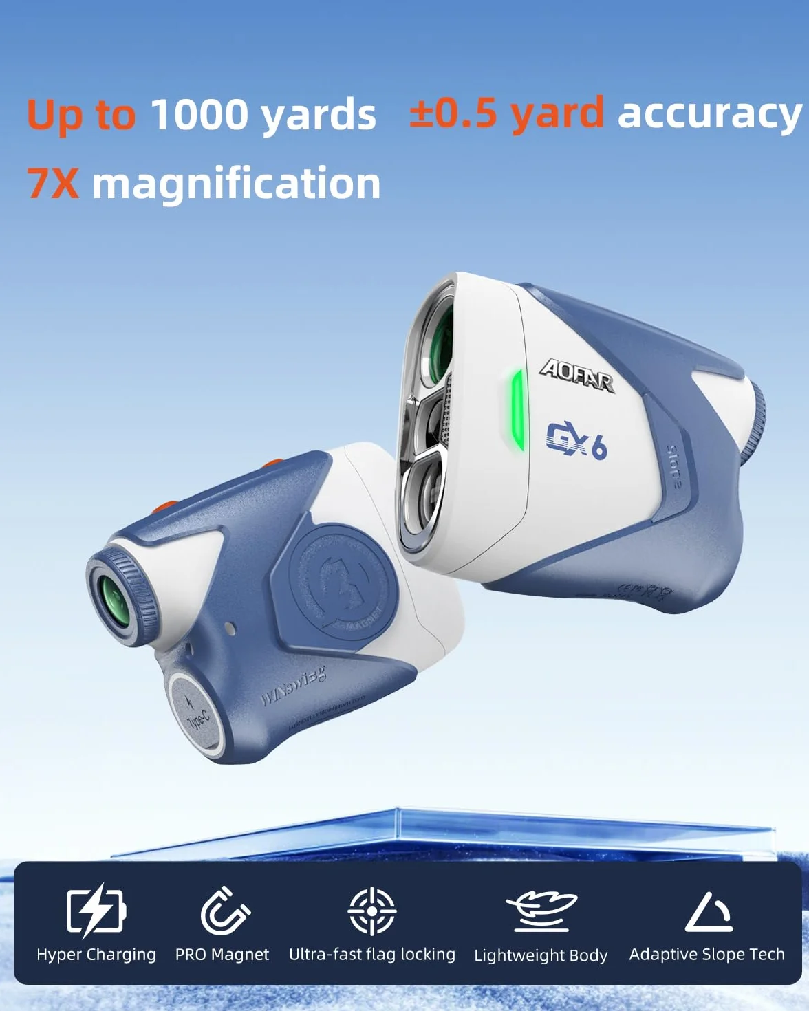 AOFAR GX6 Télémètre de Golf Rechargeable 1000Y avec Aimant, Vibration de Verrouillage, Pente, 7X, Imperméable
