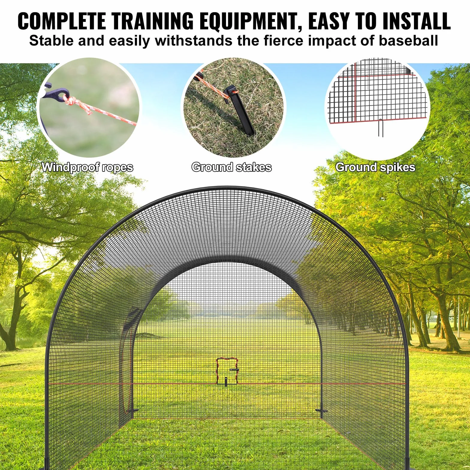 VEVOR Cage de Frappeur 3,6x3,6x3 m Filet d'Entraînement Baseball Softball Poteaux Fibre de Verre Portable