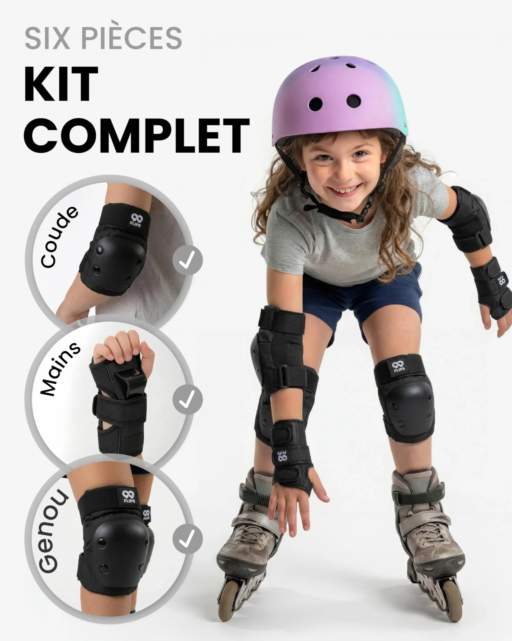 99FLIPS Protection Skateboard Enfant - Protege Genoux Skate et Freestyle BMX Taille SM Noir