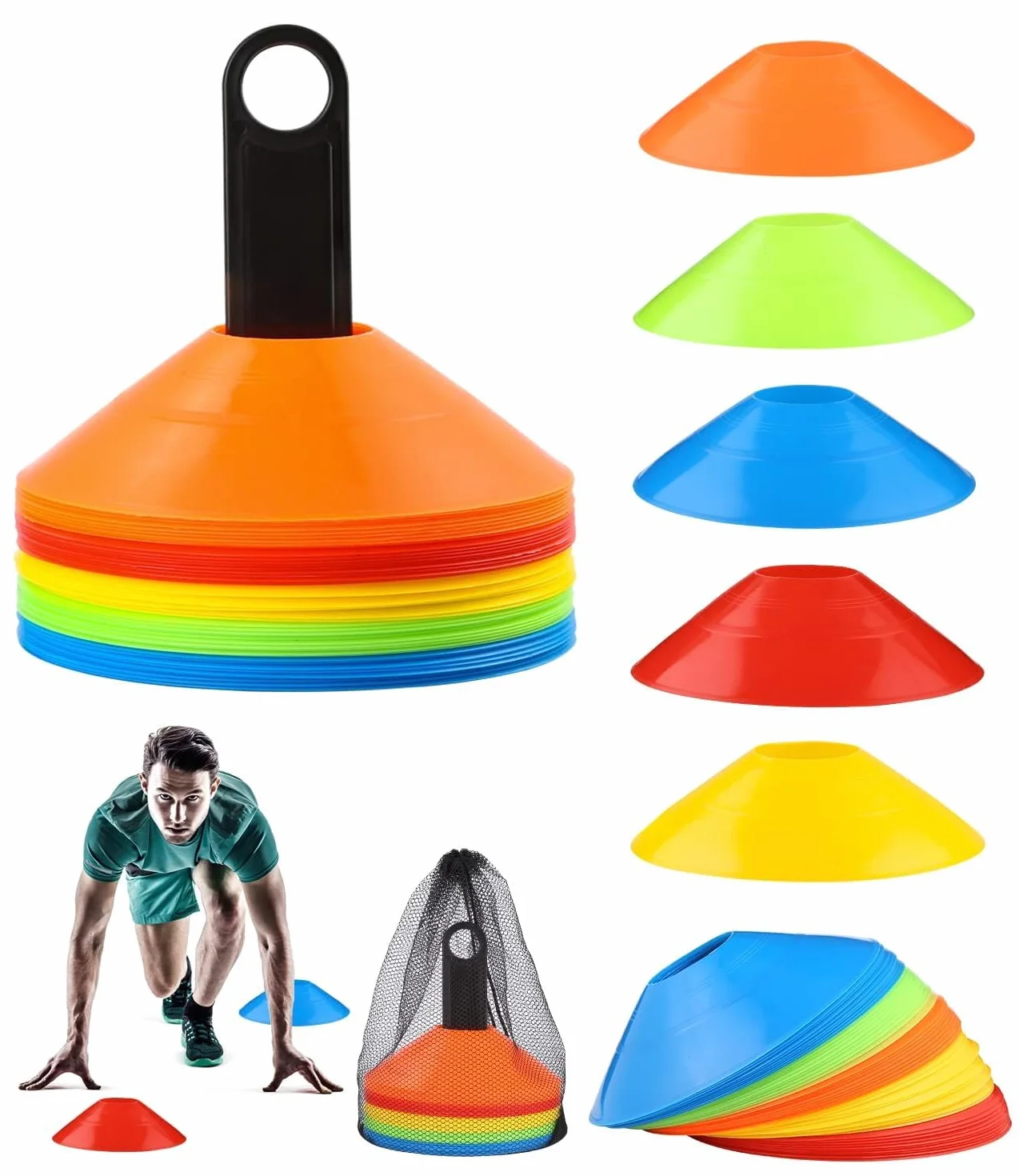 Plots Entrainement Football Cône Disque avec Support Rangement 50 Pcs