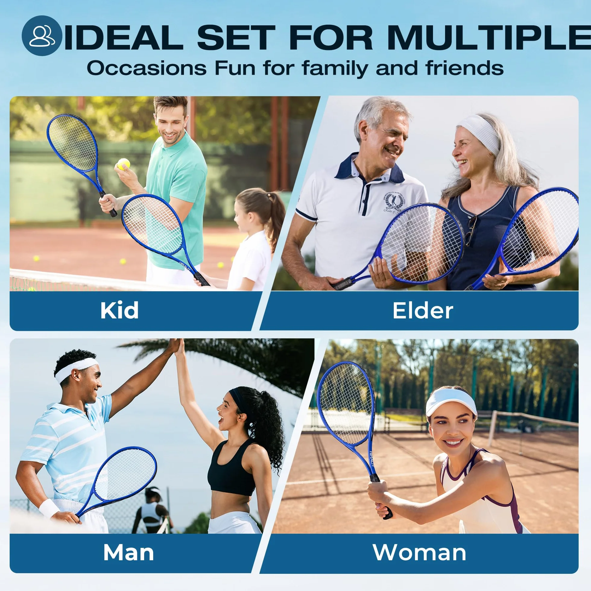HIRALIY Ensemble de Raquettes de Tennis 68,6 cm pour Adultes, 2 Raquettes Pré-cordées, 2 Bandes, 3 Balles, Sac