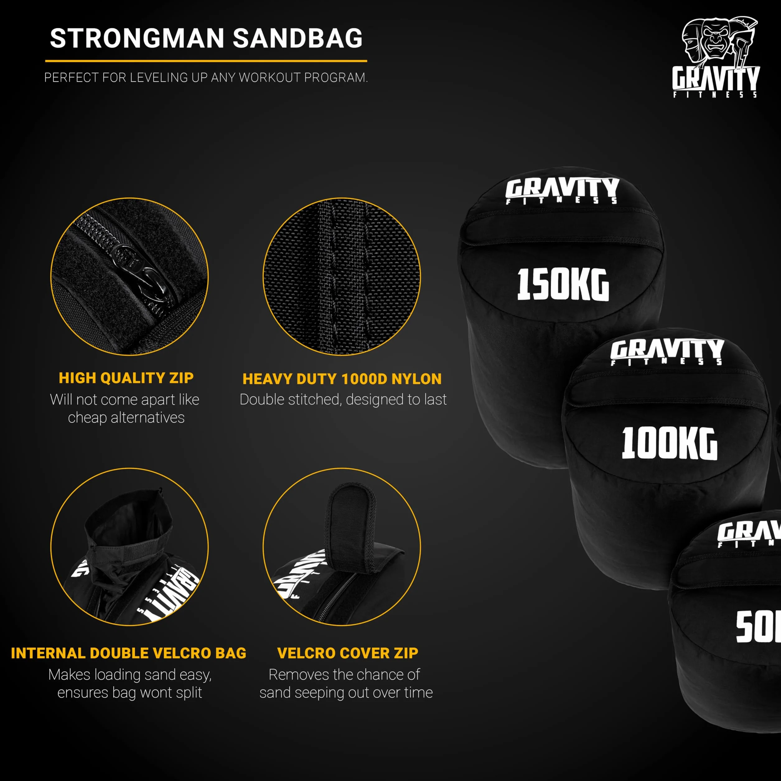Gravity Fitness Strongman Sac de Sable Robuste 50-150 kg