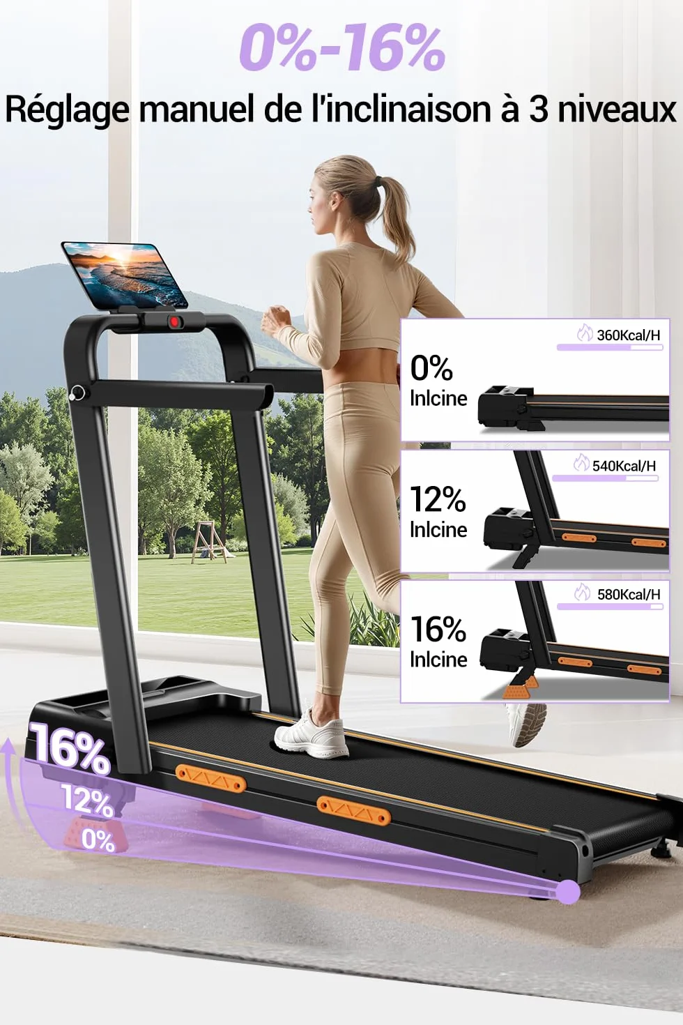 LONTEK Tapis de Course Pliable Inclinable 16%, 10km/h, 3.0CV, 136KG Max Charge