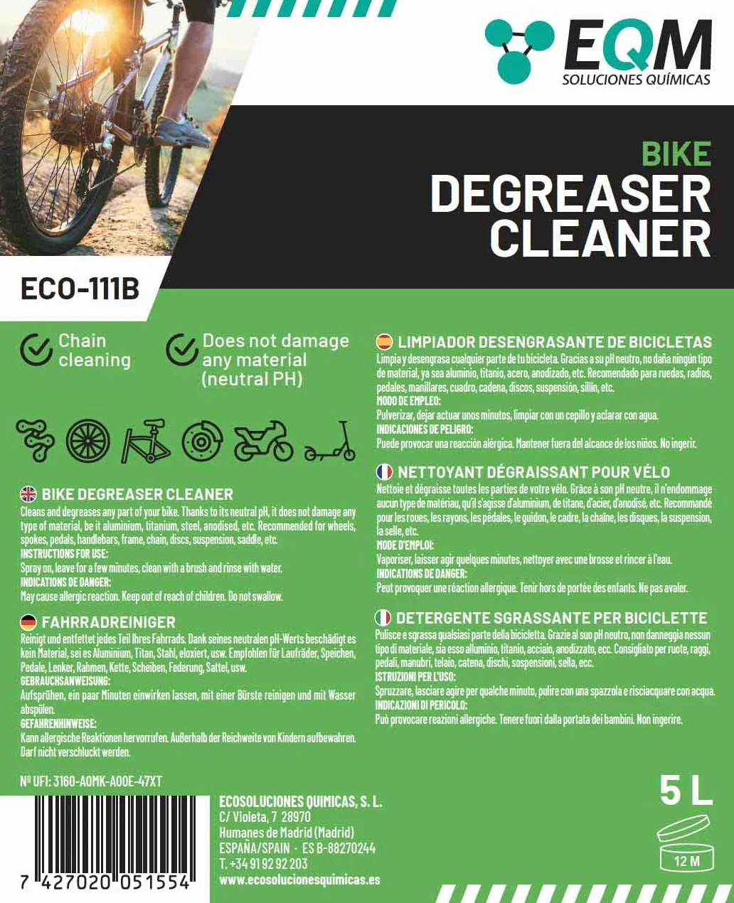 EQM ECO-111B Dégraissant pour Vélo 5L pH Neutre