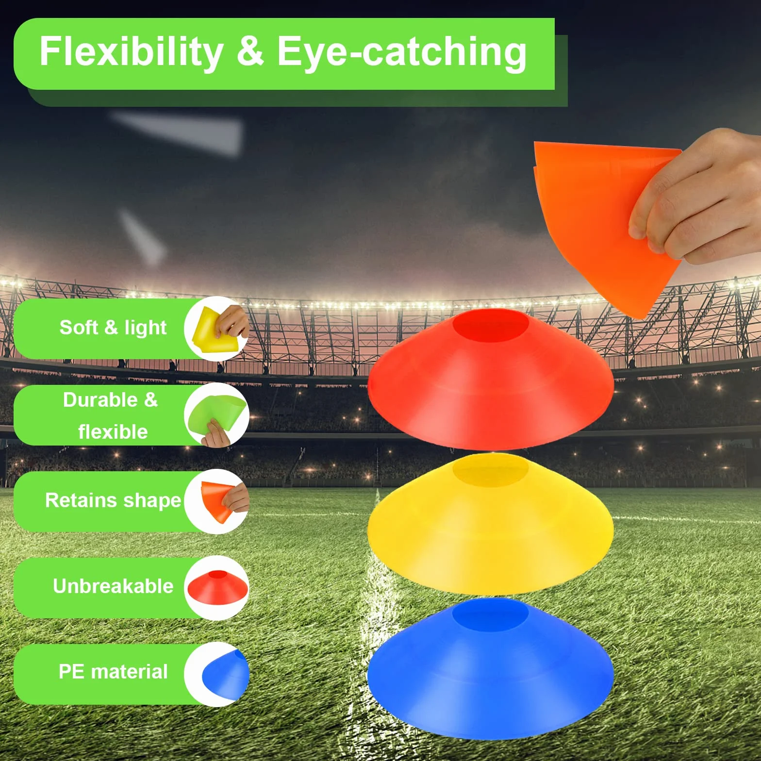 Plots De Marquage pour Football Cône Lot 50 Pcs Cônes Disque Entraînement avec Sangle Fixe Poche Filet 5 Couleurs