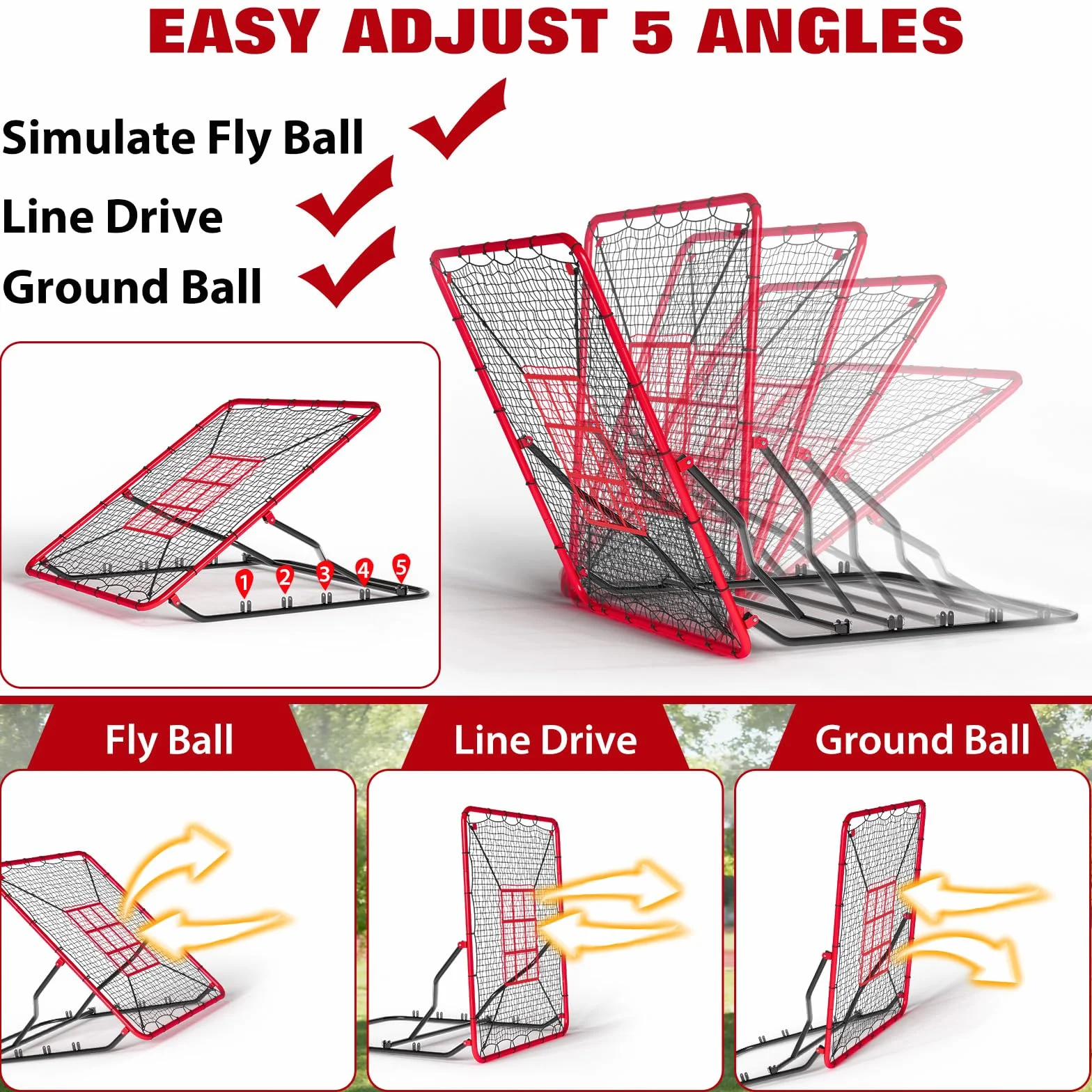 Filet De Rebond De Baseball 2 en 1, 9 Zones, Cadre en Acier Robuste, Angle Réglable