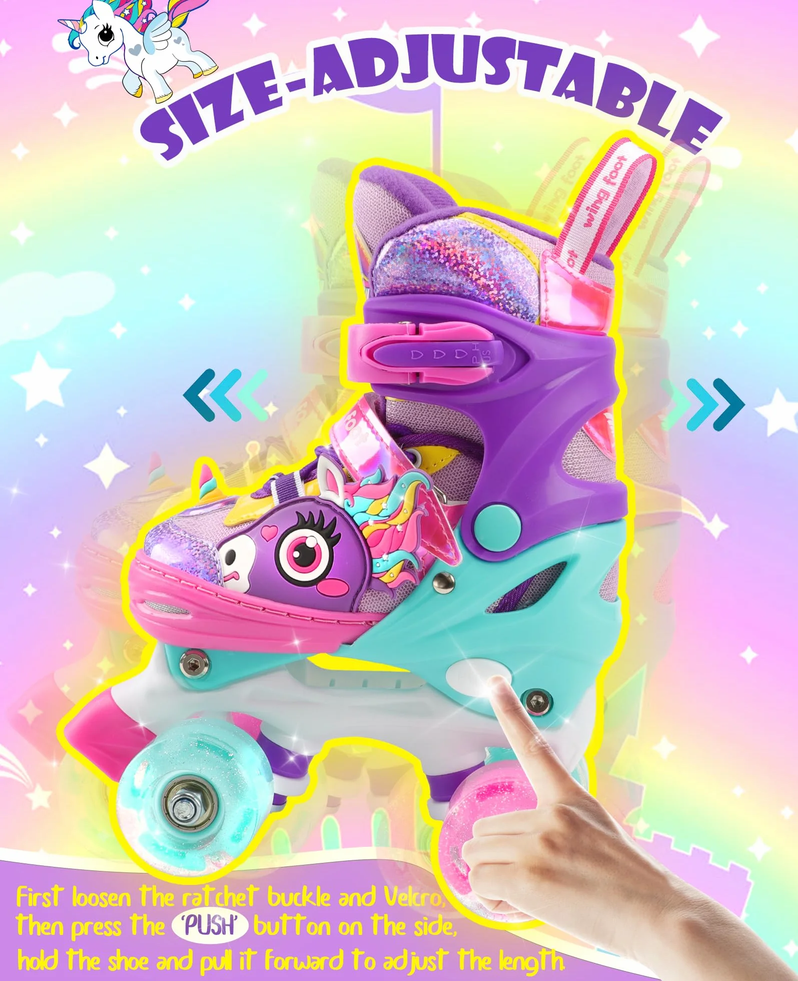 Licorne Roller Enfant Fille Patins à roulettes Ajustable avec Roues Allumées 4 Taille Réglable