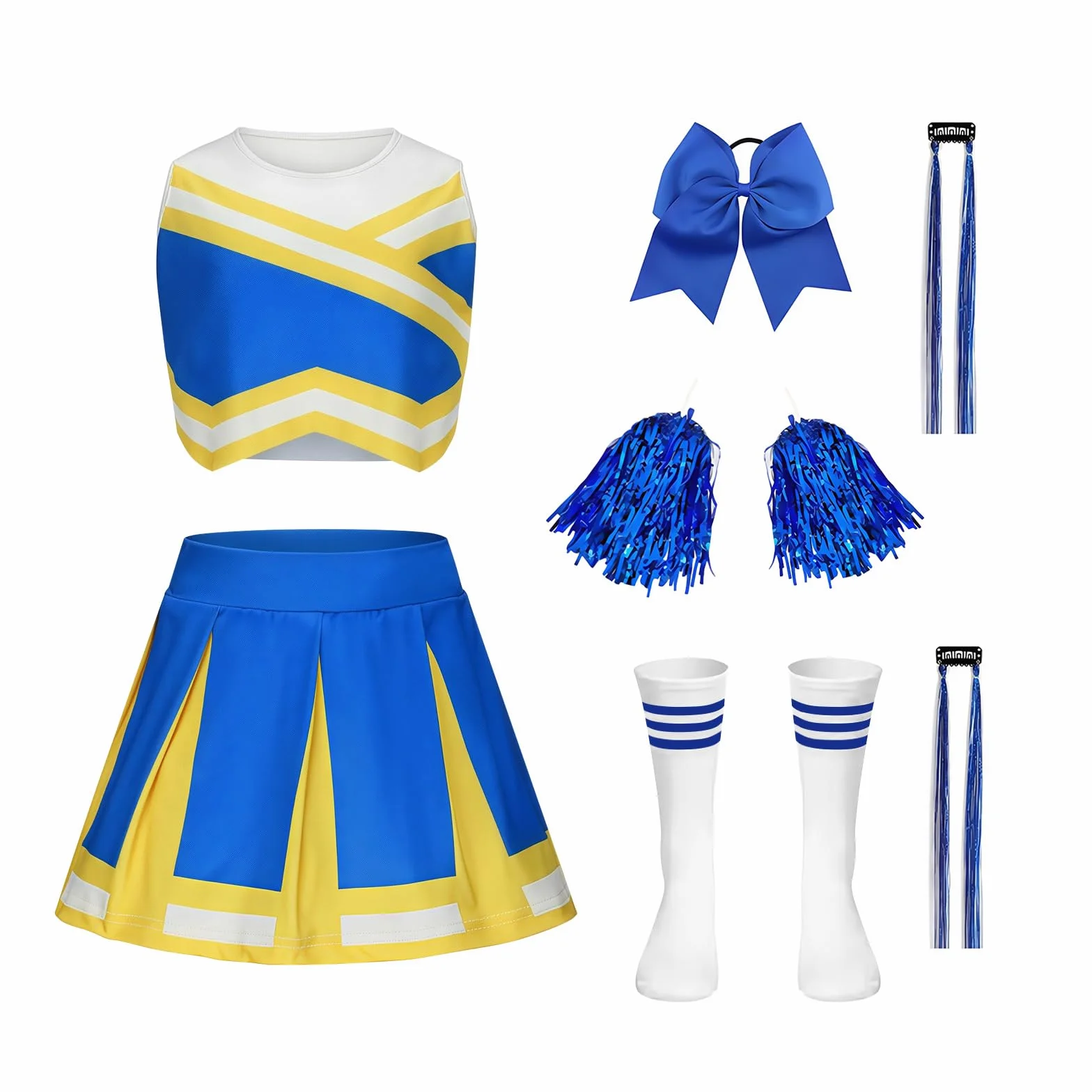 Luckyou Deguisement Cheerleader Uniforme avec Perruques Brillant Pompoms et Nœud pour Carnaval Halloween